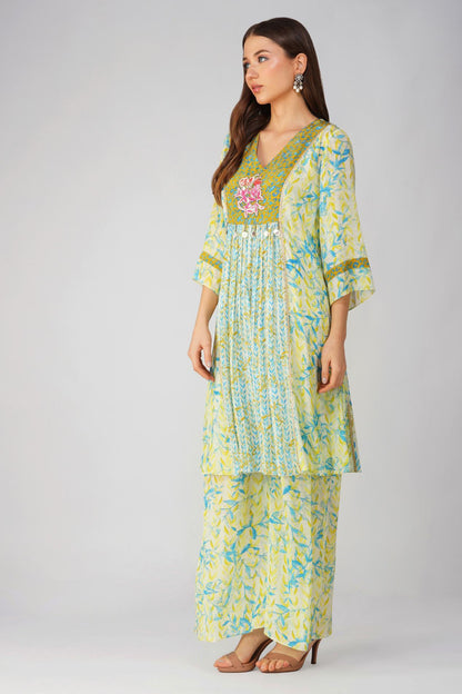 LEAF PRINT PANELLED TUNIC SET by devyanimehrotra.com with at Kamakhyaa for sustainable fashion