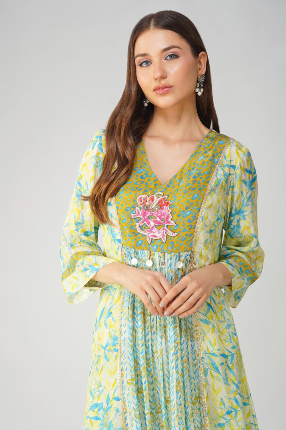 LEAF PRINT PANELLED TUNIC SET by devyanimehrotra.com with at Kamakhyaa for sustainable fashion