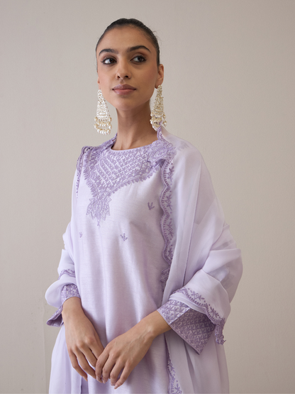 Purple Boat Neck Kurta Set with dupatta by RoohbyRidhimaa with Avani by RoohbyRidhimaa, Ethnic Wear, Kurta Set with Dupattas, Purple, Relaxed Fit, Resham Embroidered, Silk Organza, Toxin free, Viscose Raw Silk at Kamakhyaa for sustainable fashion