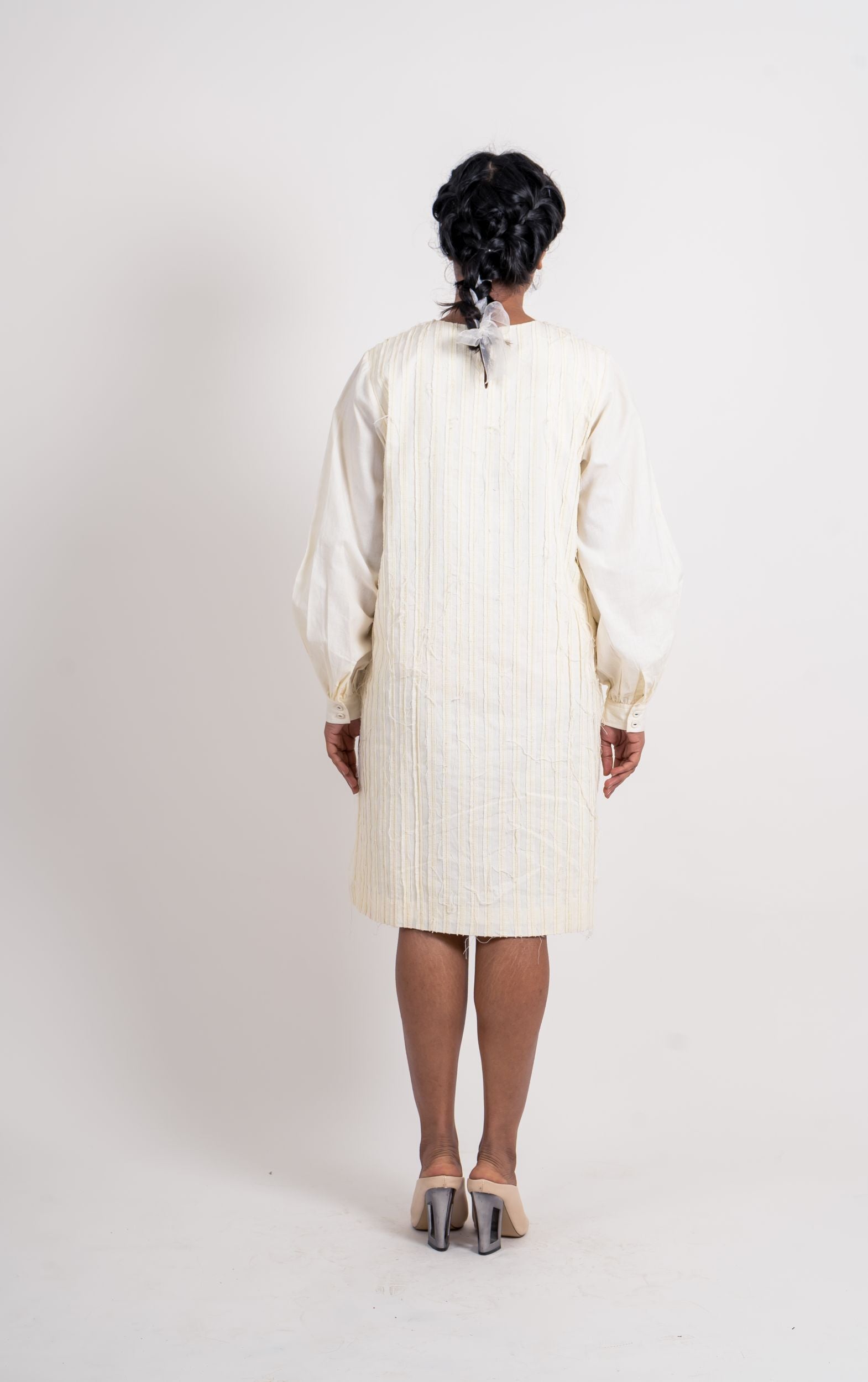 White Textured Midi Dress by Ahmev with Broken Brook by Ahmev, Casual Wear, Handloom Cotton, Highend fashion, July Sale, July Sale 2023, Relaxed Fit, Shirt Dresses, Shirts, Textured, White, Womenswear at Kamakhyaa for sustainable fashion