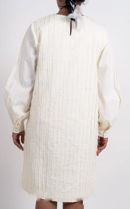 White Textured Midi Dress by Ahmev with Broken Brook by Ahmev, Casual Wear, Handloom Cotton, Highend fashion, July Sale, July Sale 2023, Relaxed Fit, Shirt Dresses, Shirts, Textured, White, Womenswear at Kamakhyaa for sustainable fashion