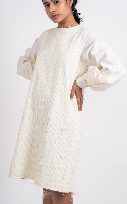 White Textured Midi Dress by Ahmev with Broken Brook by Ahmev, Casual Wear, Handloom Cotton, Highend fashion, July Sale, July Sale 2023, Relaxed Fit, Shirt Dresses, Shirts, Textured, White, Womenswear at Kamakhyaa for sustainable fashion