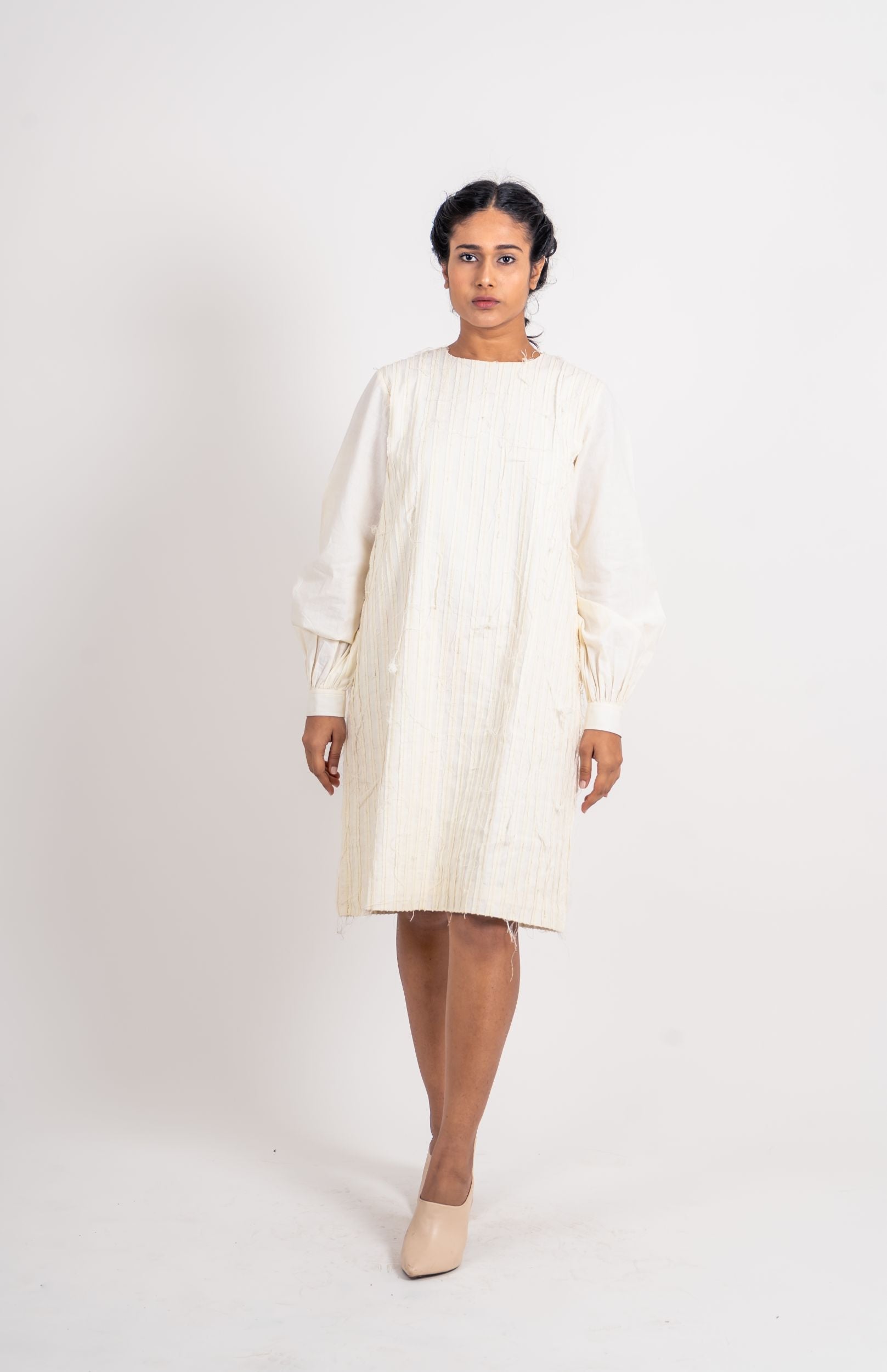 White Textured Midi Dress by Ahmev with Broken Brook by Ahmev, Casual Wear, Handloom Cotton, Highend fashion, July Sale, July Sale 2023, Relaxed Fit, Shirt Dresses, Shirts, Textured, White, Womenswear at Kamakhyaa for sustainable fashion