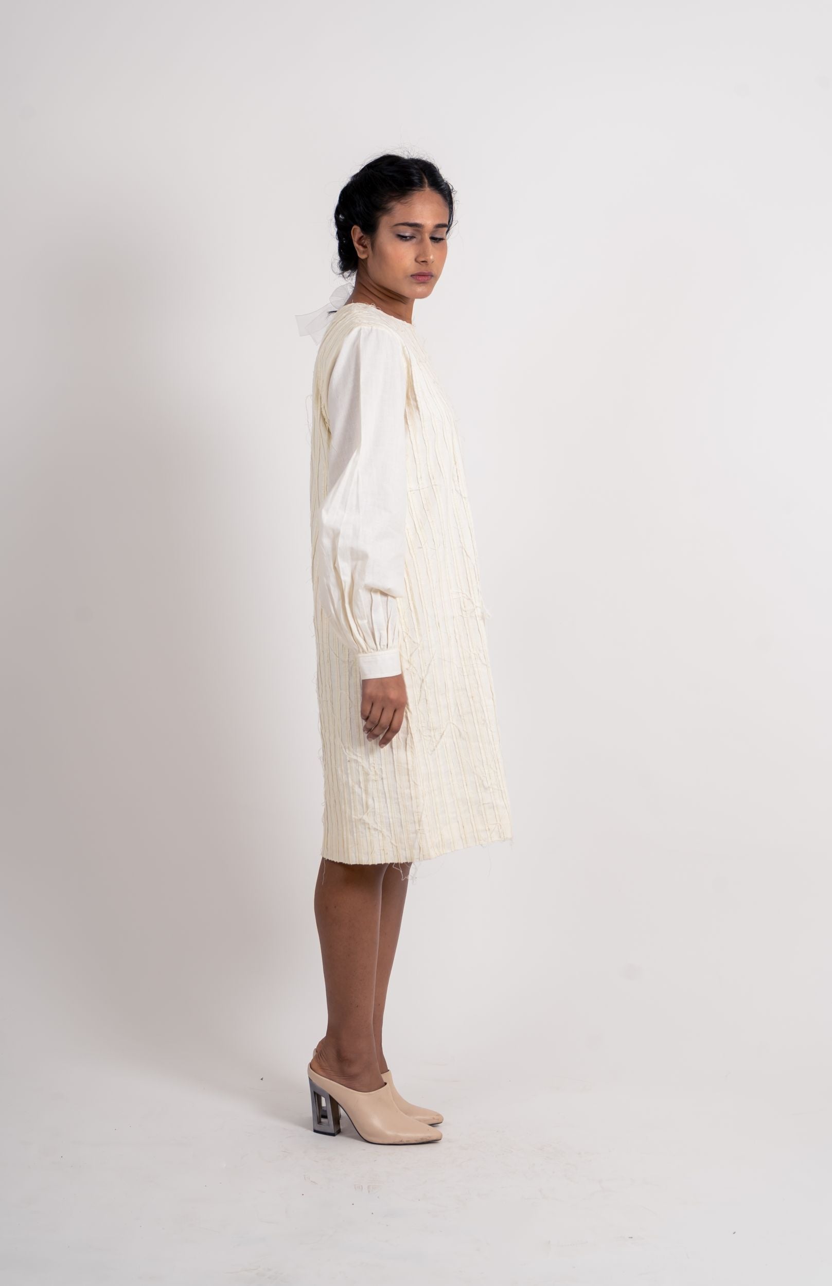 White Textured Midi Dress by Ahmev with Broken Brook by Ahmev, Casual Wear, Handloom Cotton, Highend fashion, July Sale, July Sale 2023, Relaxed Fit, Shirt Dresses, Shirts, Textured, White, Womenswear at Kamakhyaa for sustainable fashion