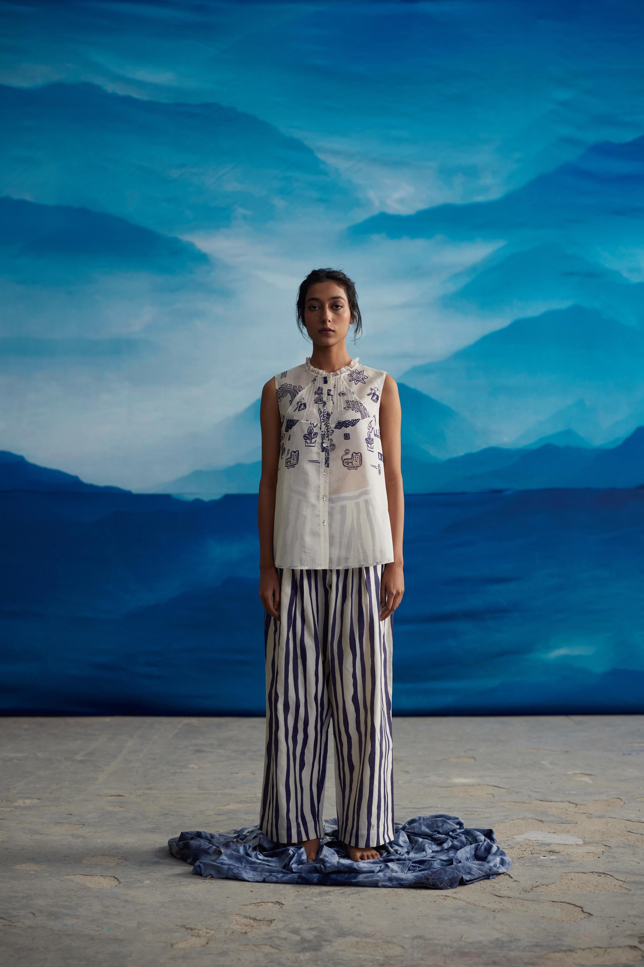 White Chanderi Laced Neck Shirt by Ahmev with Shirts at Kamakhyaa for sustainable fashion