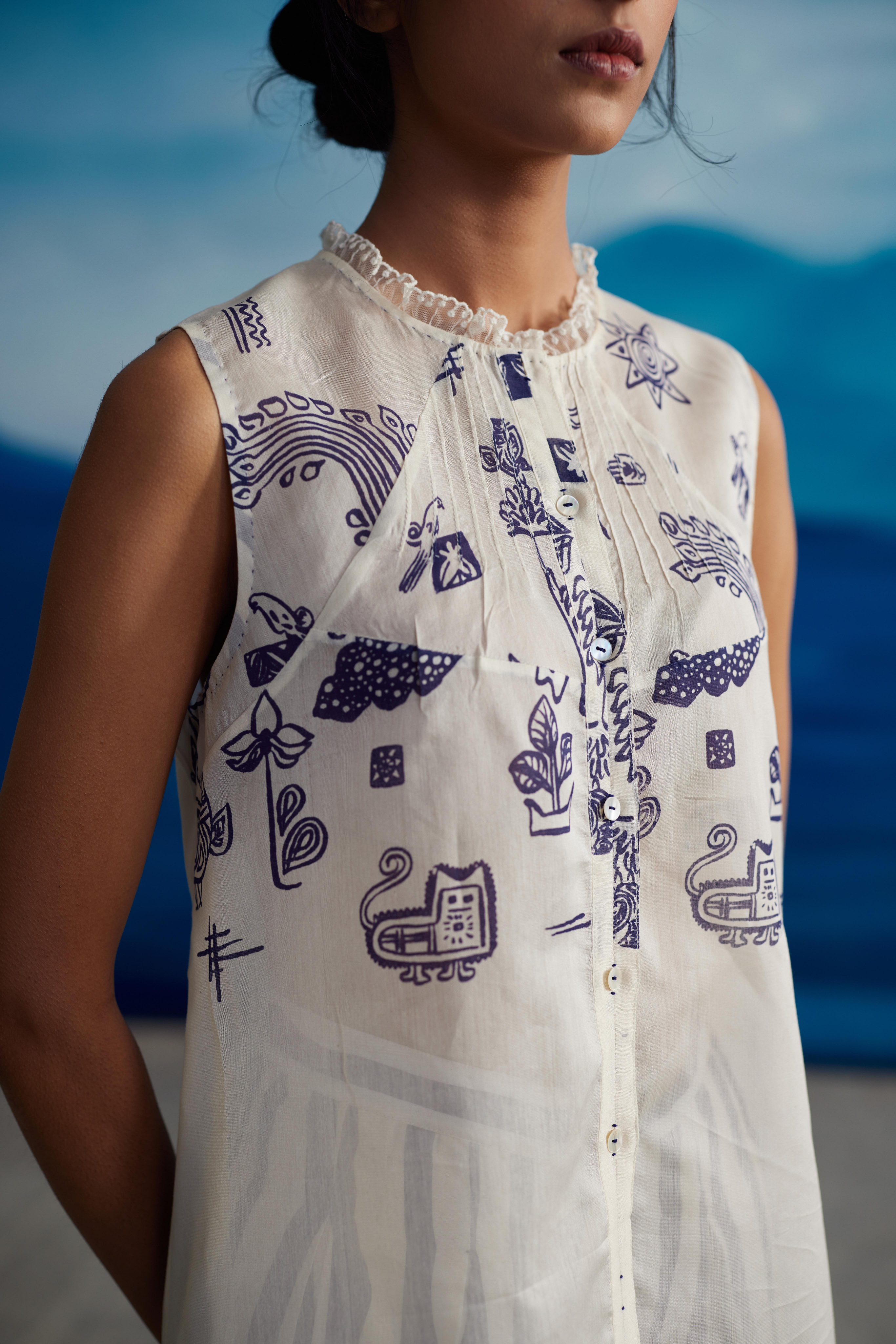 White Chanderi Laced Neck Shirt by Ahmev with Shirts at Kamakhyaa for sustainable fashion