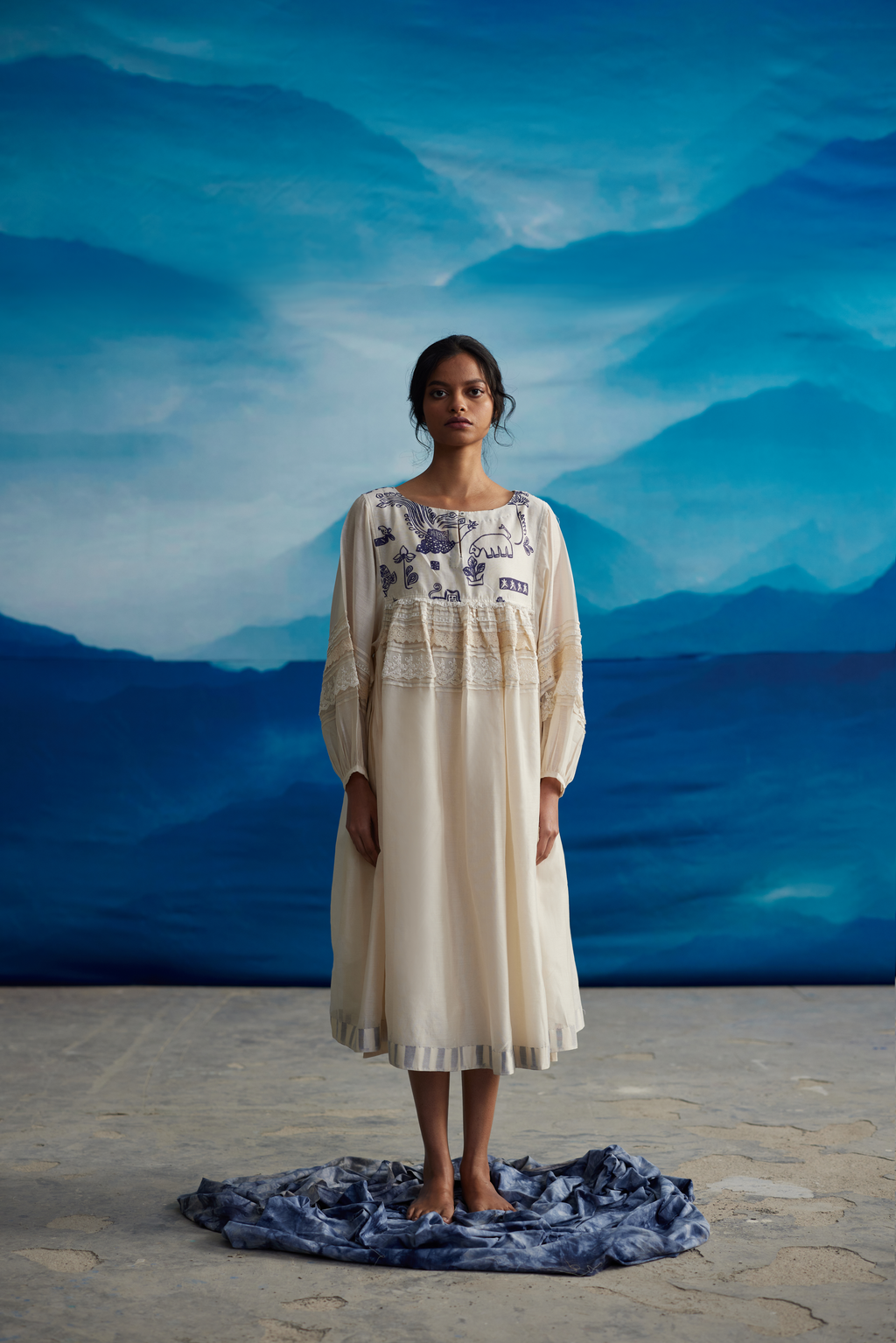 White Chanderi Laced Dress With Flared Sleeves by Ahmev with at Kamakhyaa for sustainable fashion