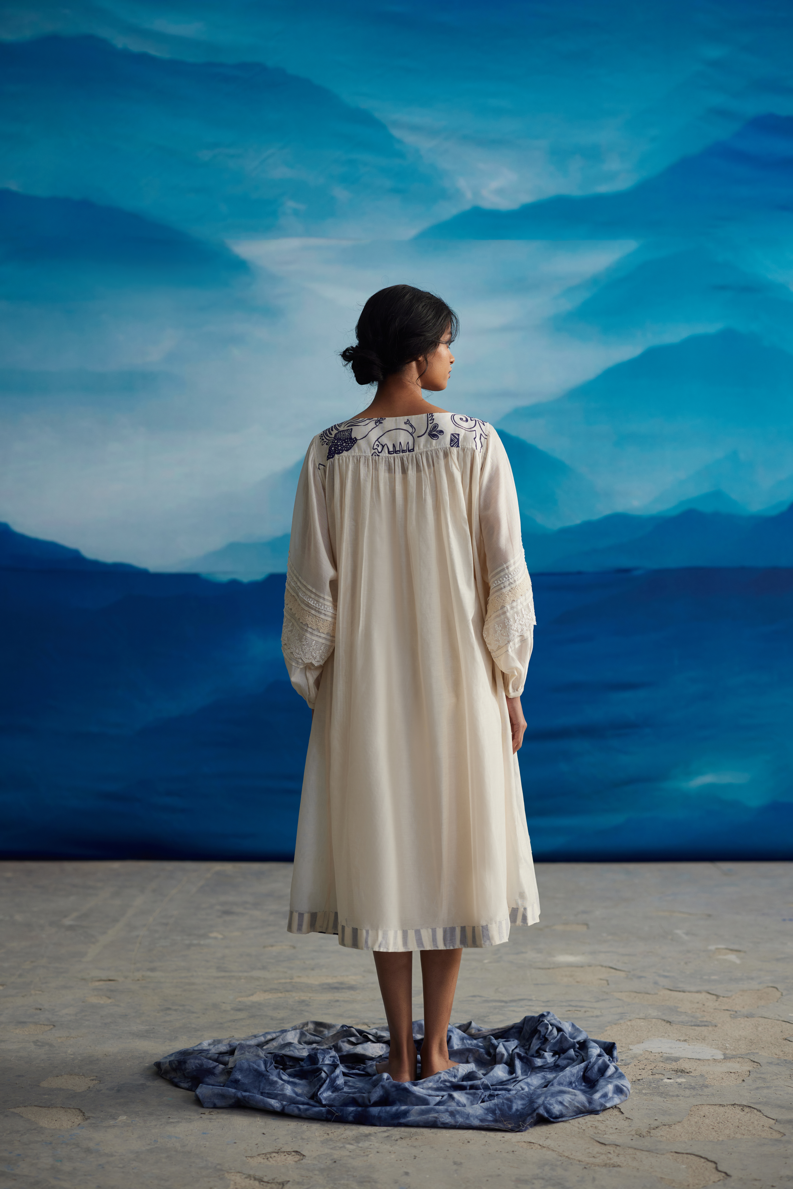 White Chanderi Laced Dress With Flared Sleeves by Ahmev with at Kamakhyaa for sustainable fashion