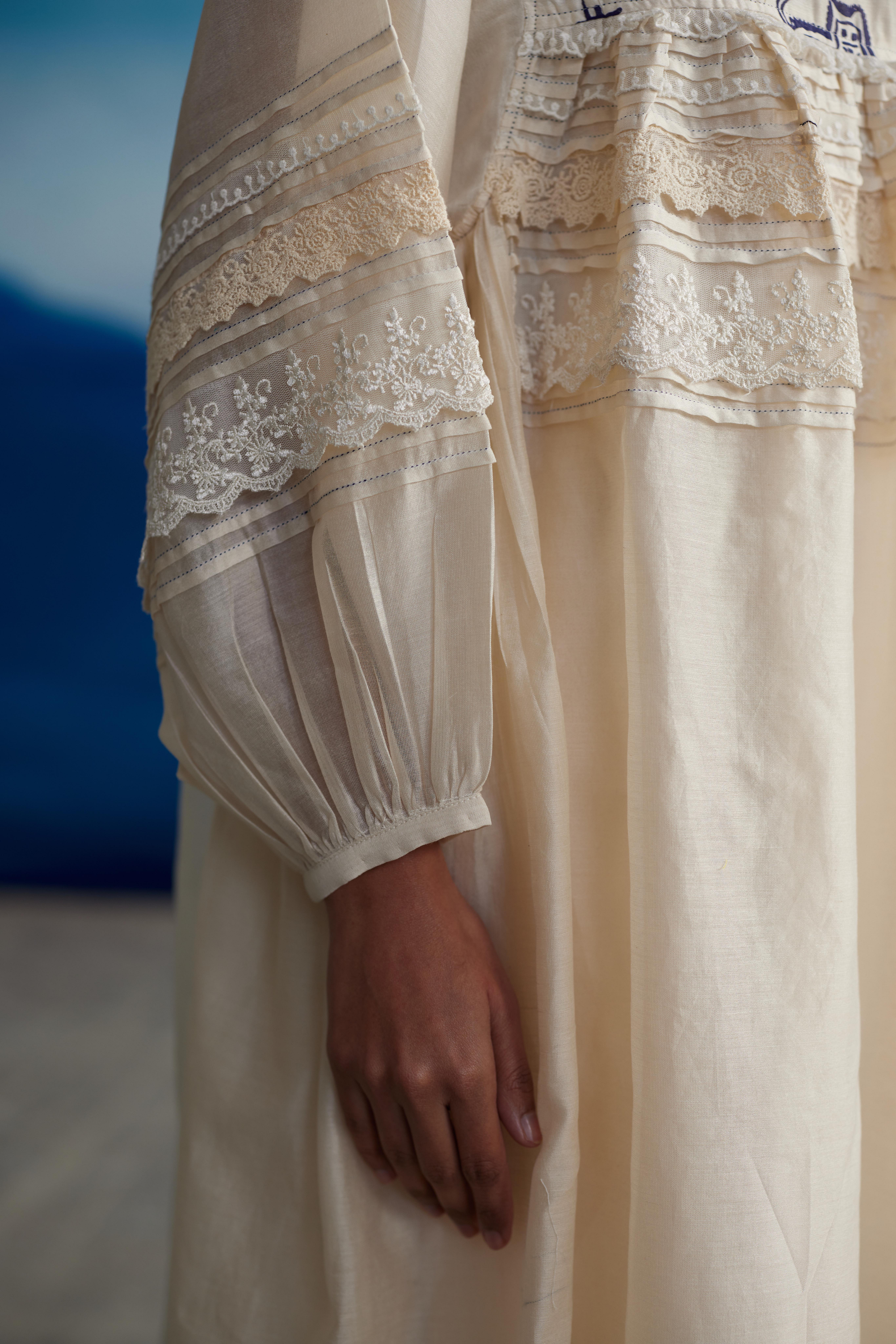 White Chanderi Laced Dress With Flared Sleeves by Ahmev with at Kamakhyaa for sustainable fashion