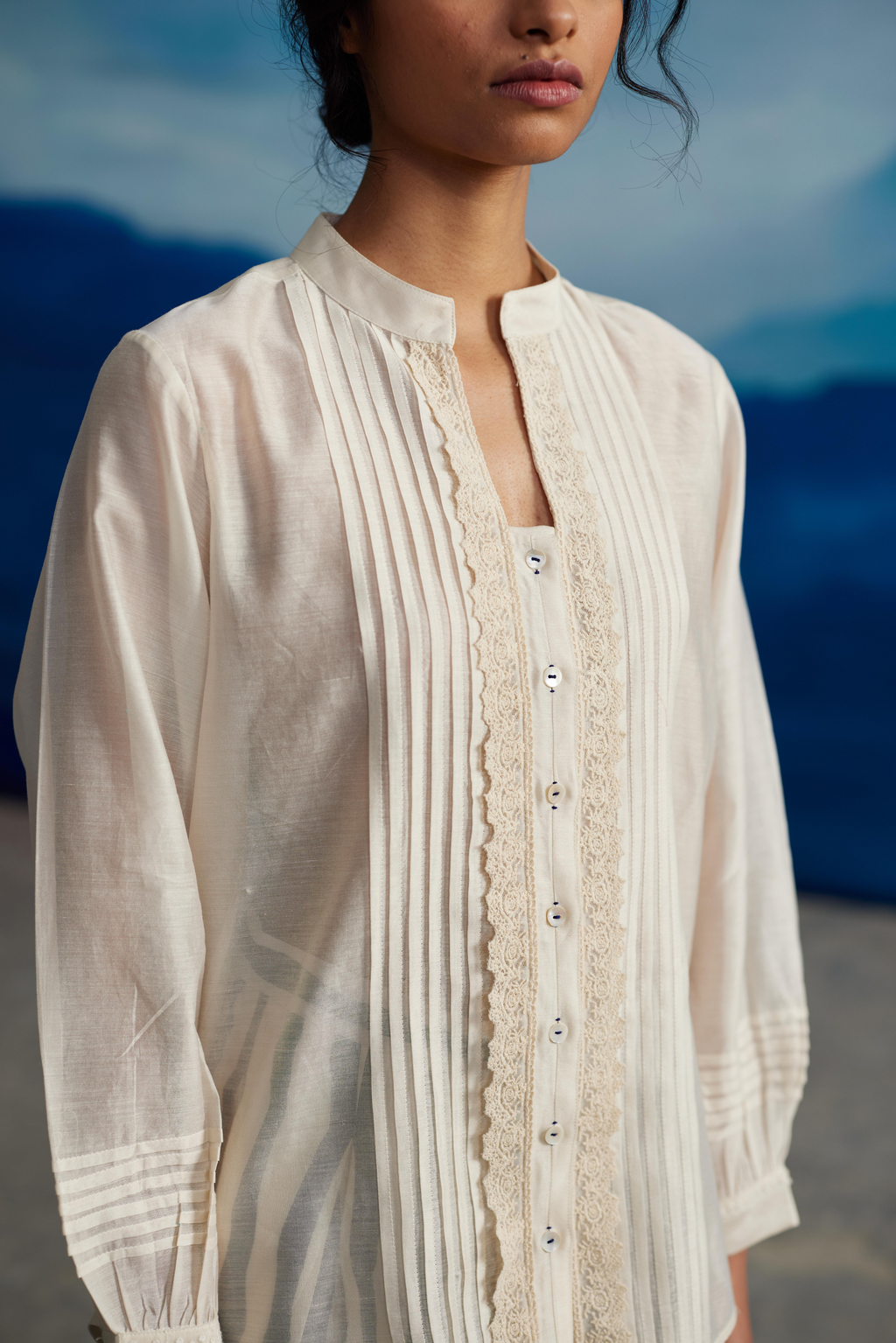 White Chanderi Collared Shirt With Lace by Ahmev with Shirts at Kamakhyaa for sustainable fashion