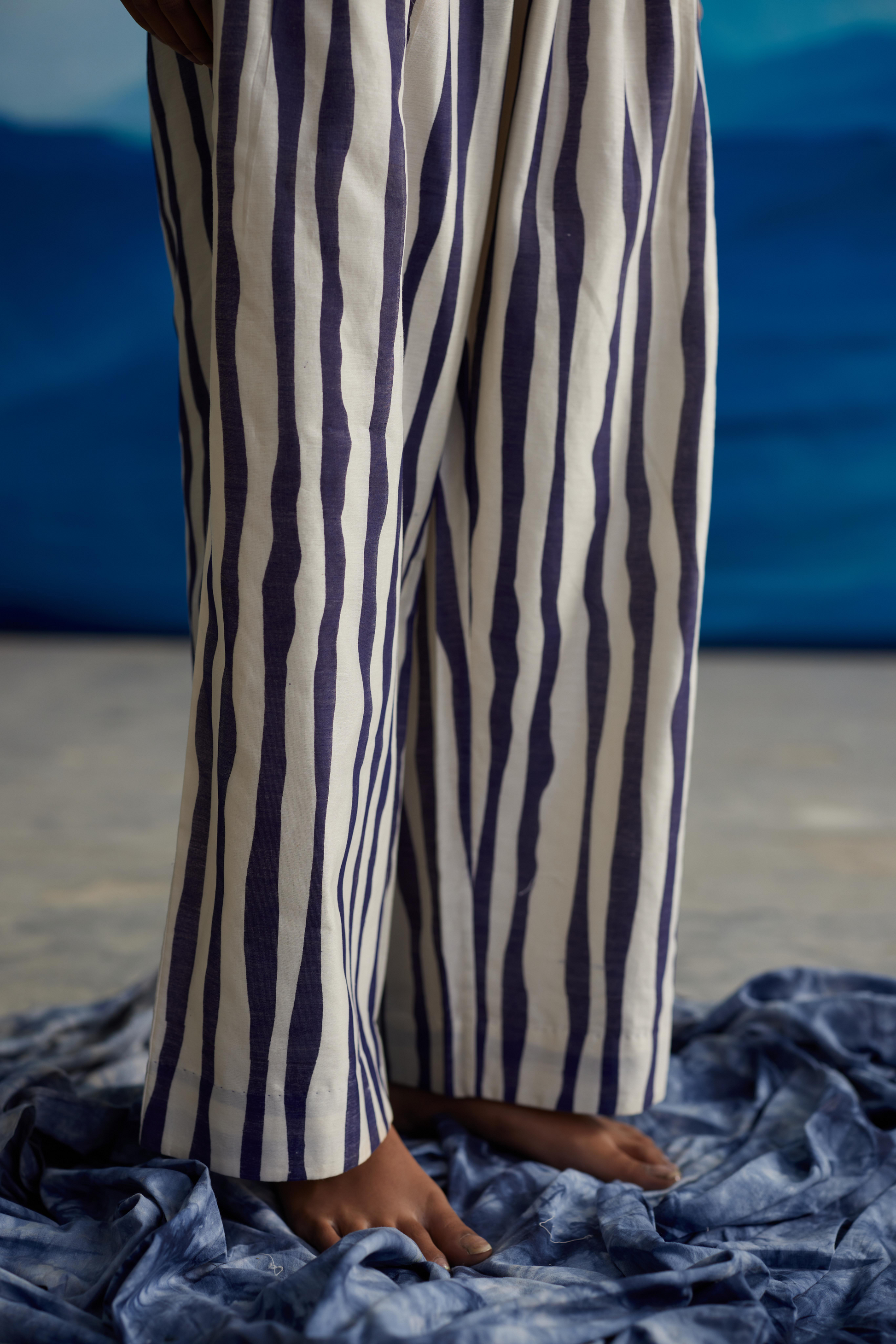 White Chanderi Striped Pants by Ahmev with at Kamakhyaa for sustainable fashion