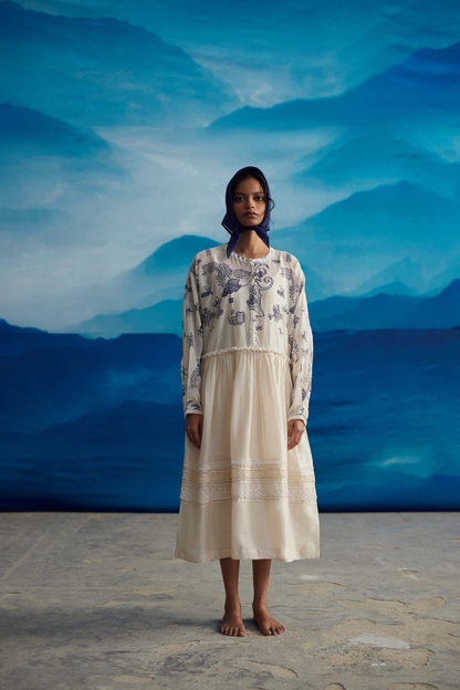 White Chanderi Dress With Gathered Waist by Ahmev with at Kamakhyaa for sustainable fashion