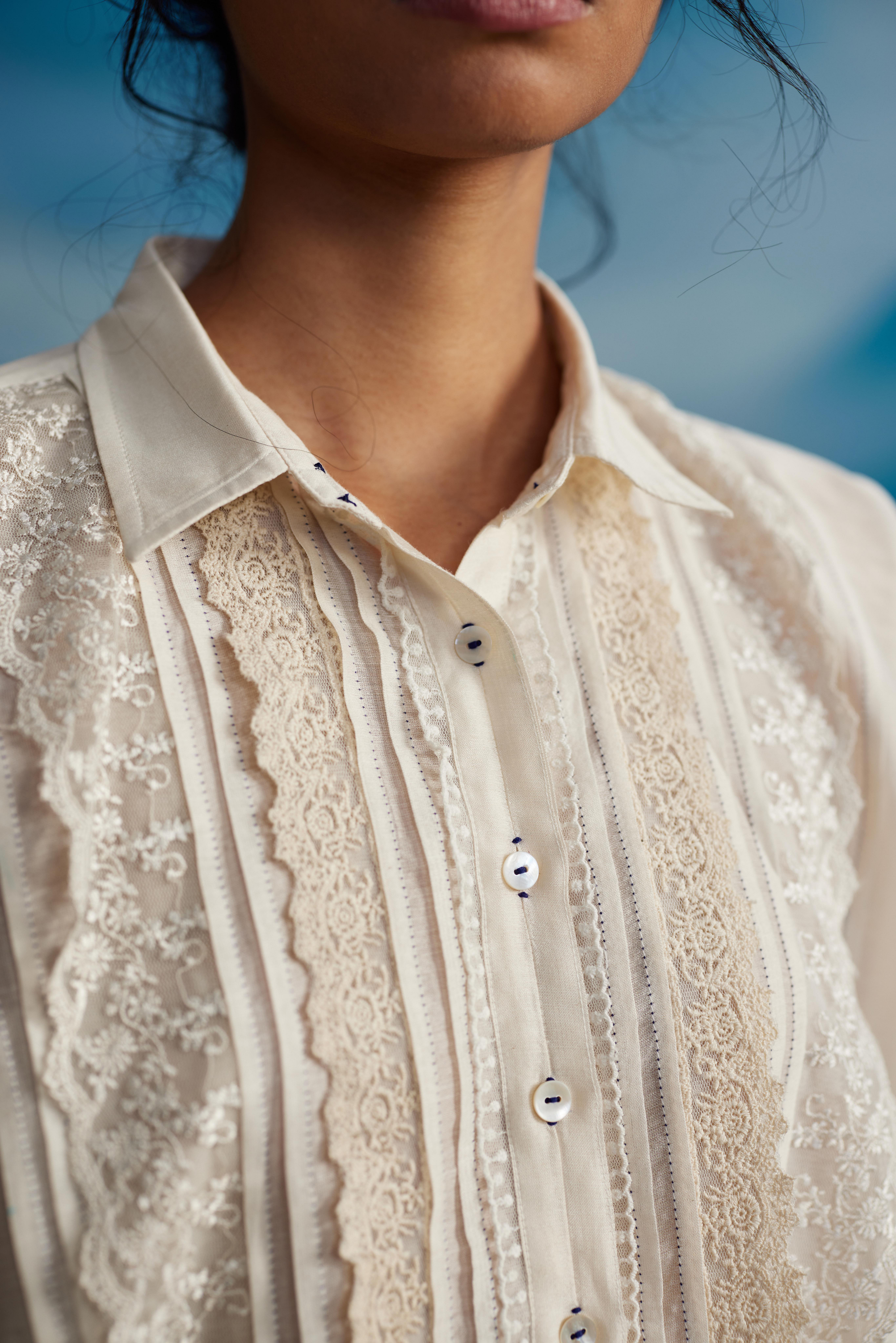 White Chanderi Laced Shirt With Pleats by Ahmev with Shirts at Kamakhyaa for sustainable fashion