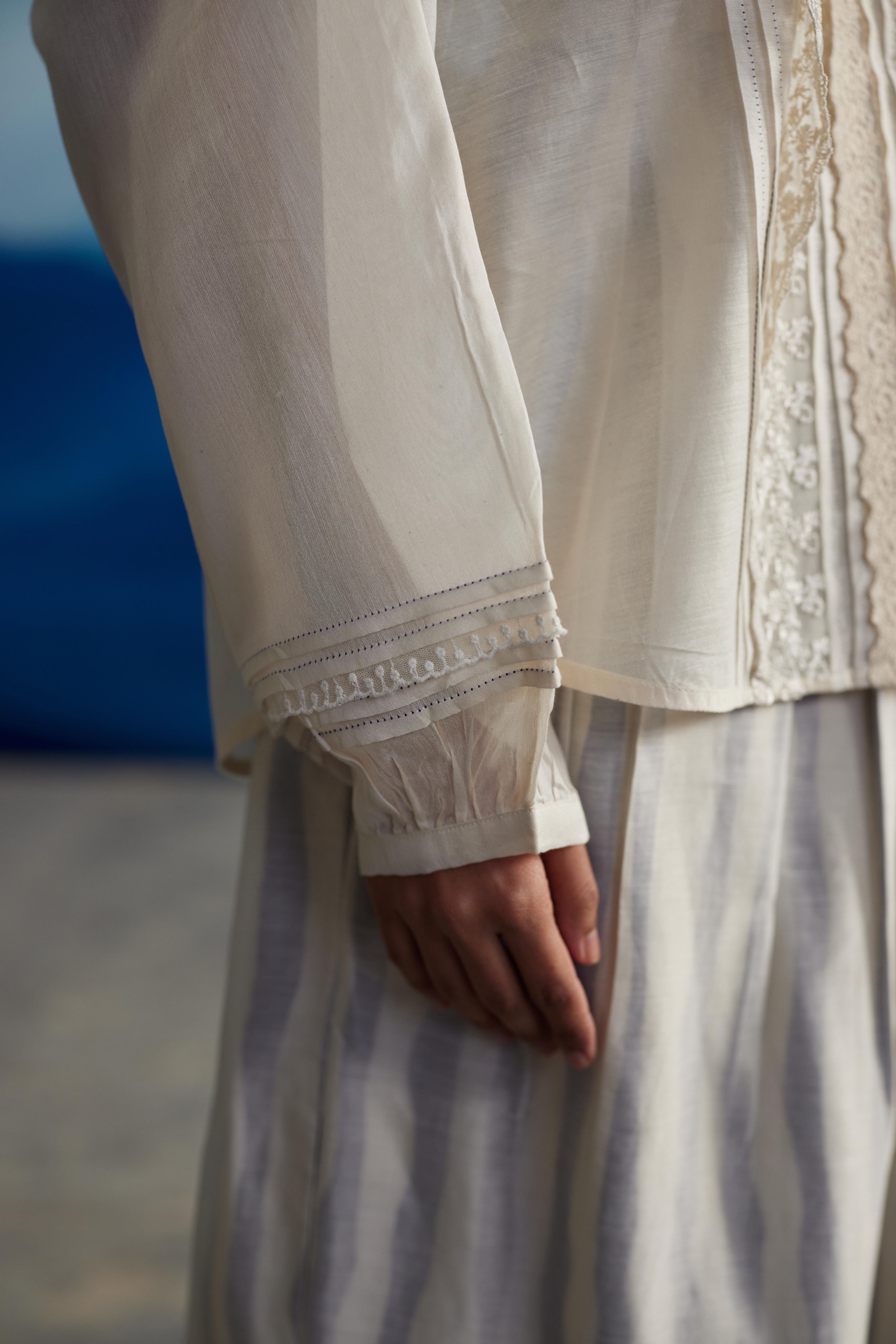 White Chanderi Laced Shirt With Pleats by Ahmev with Shirts at Kamakhyaa for sustainable fashion