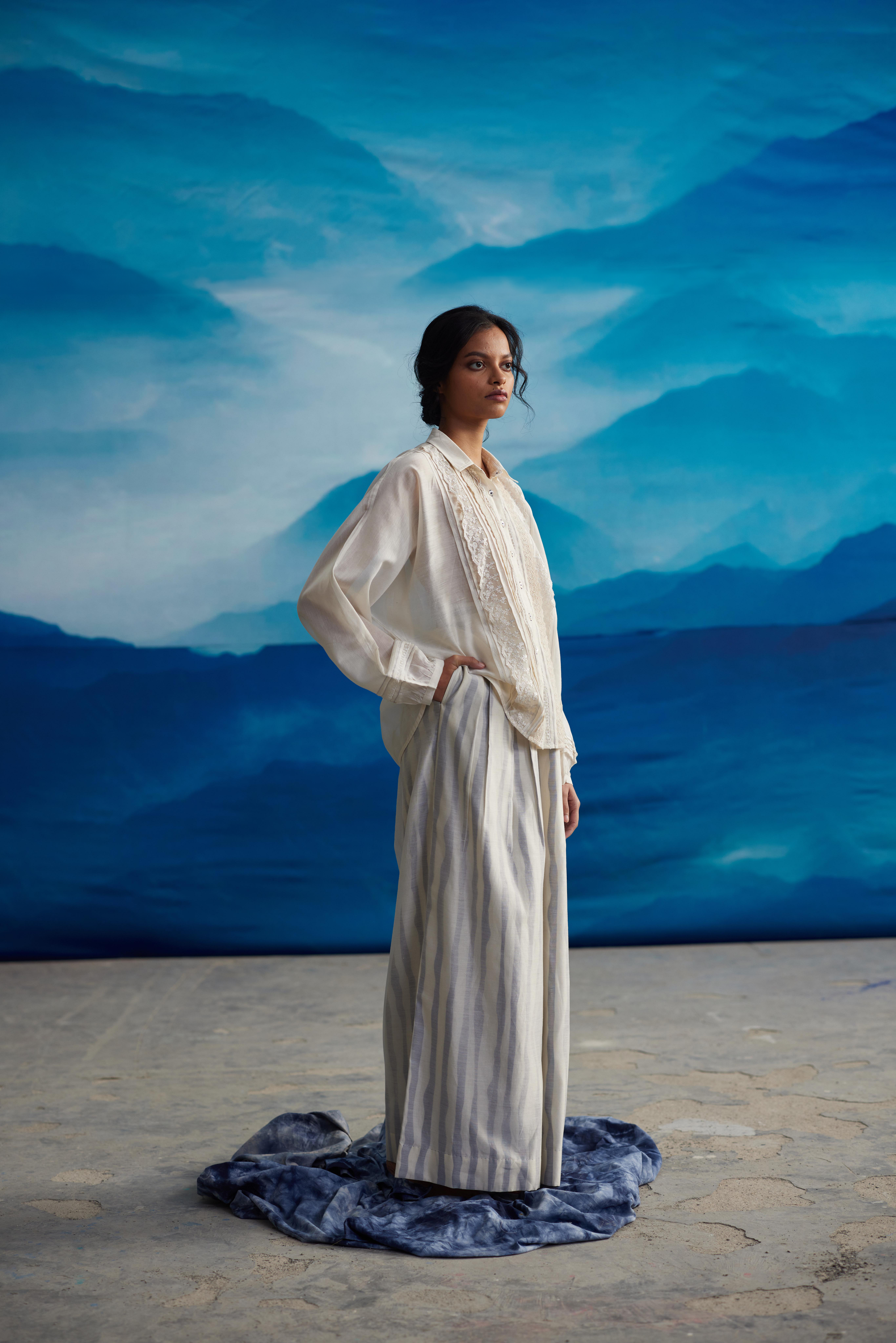 White Chanderi Laced Shirt With Pleats by Ahmev with Shirts at Kamakhyaa for sustainable fashion