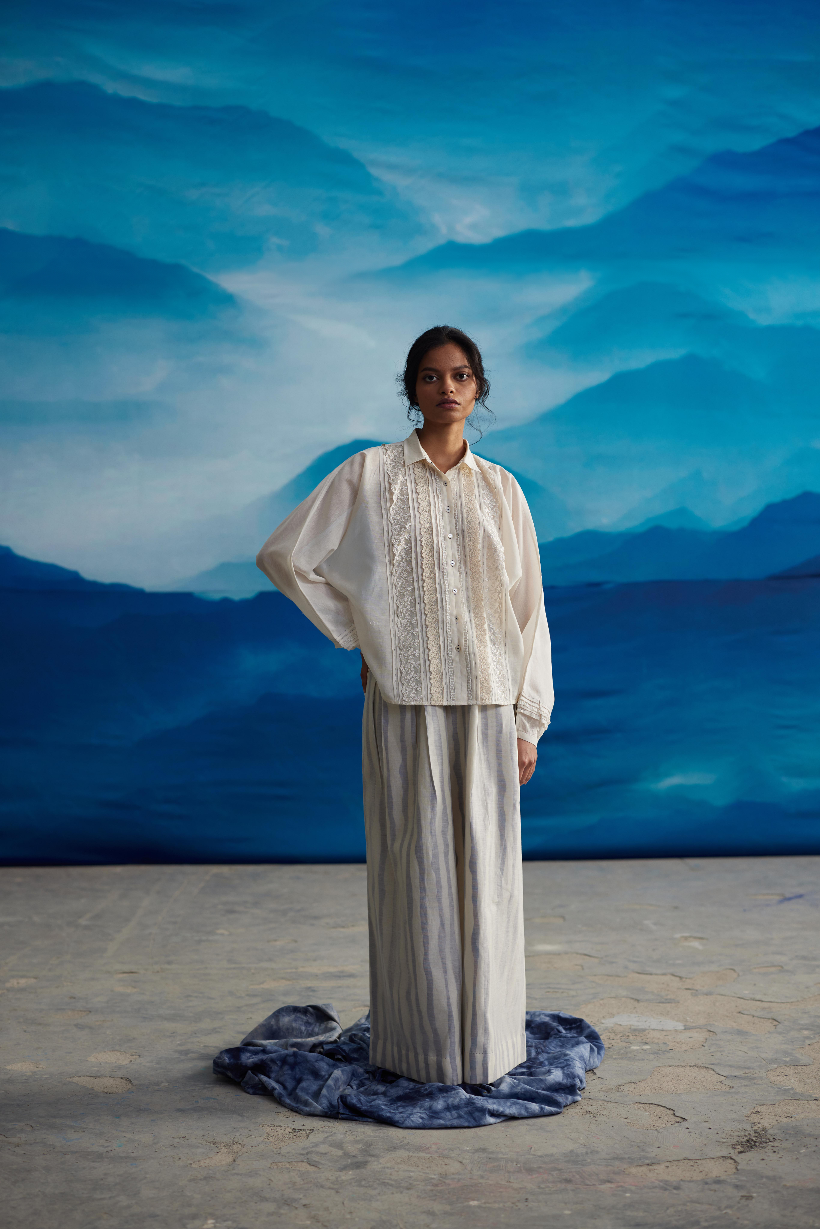 White Chanderi Laced Shirt With Pleats by Ahmev with Shirts at Kamakhyaa for sustainable fashion