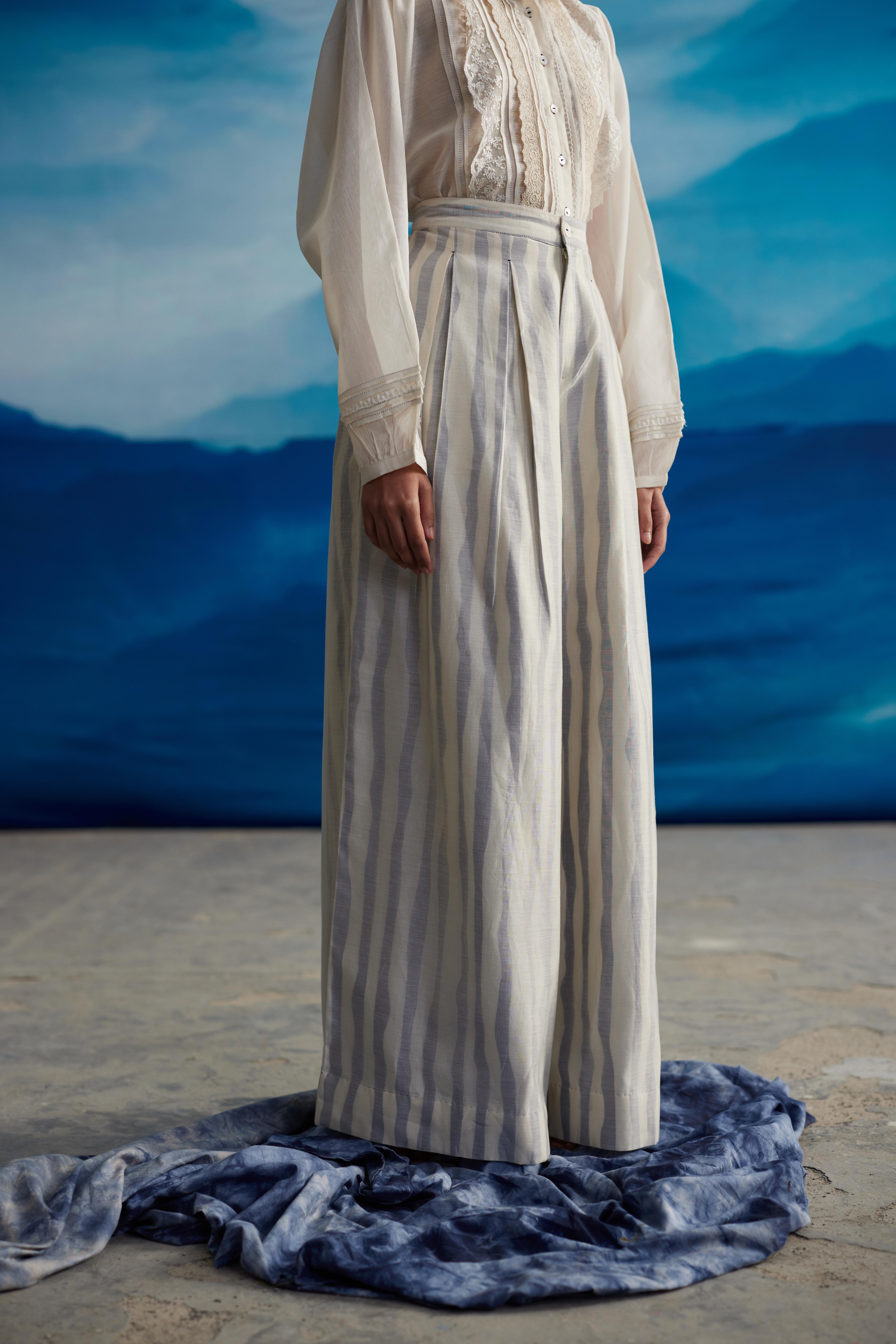 White Chanderi Flared Pants by Ahmev with at Kamakhyaa for sustainable fashion