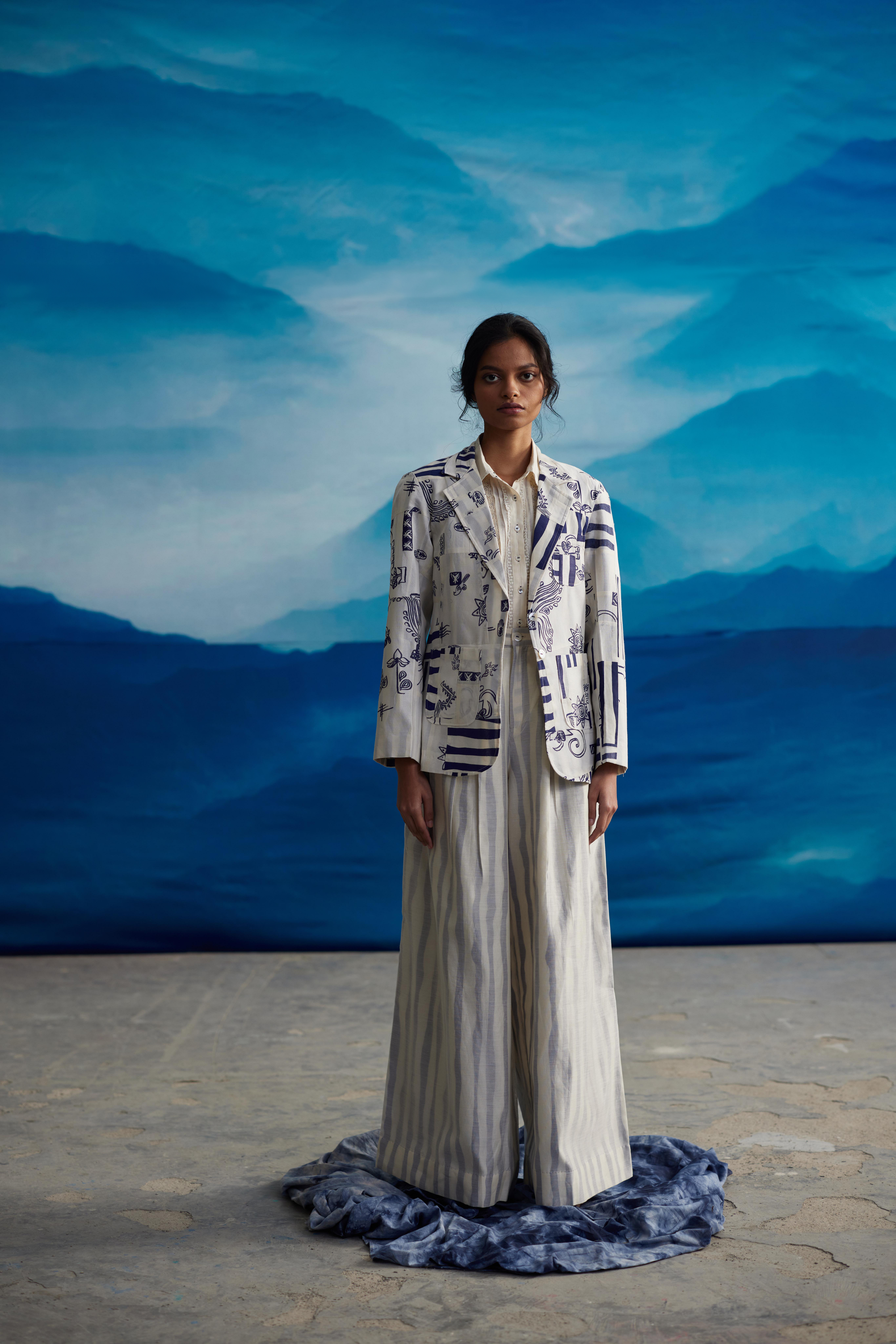 White Chanderi Patchwork Jacket by Ahmev with at Kamakhyaa for sustainable fashion