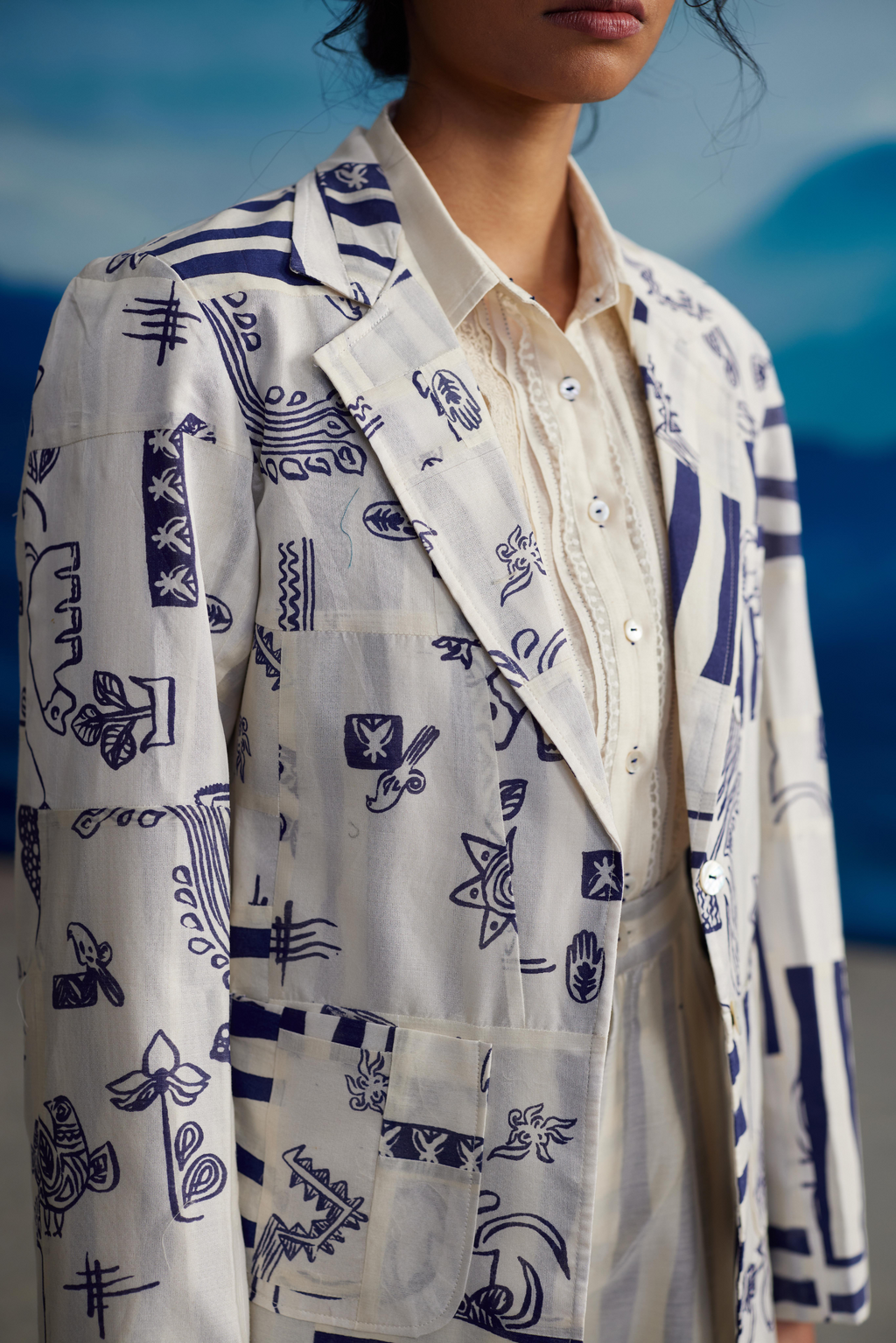 White Chanderi Patchwork Jacket by Ahmev with at Kamakhyaa for sustainable fashion