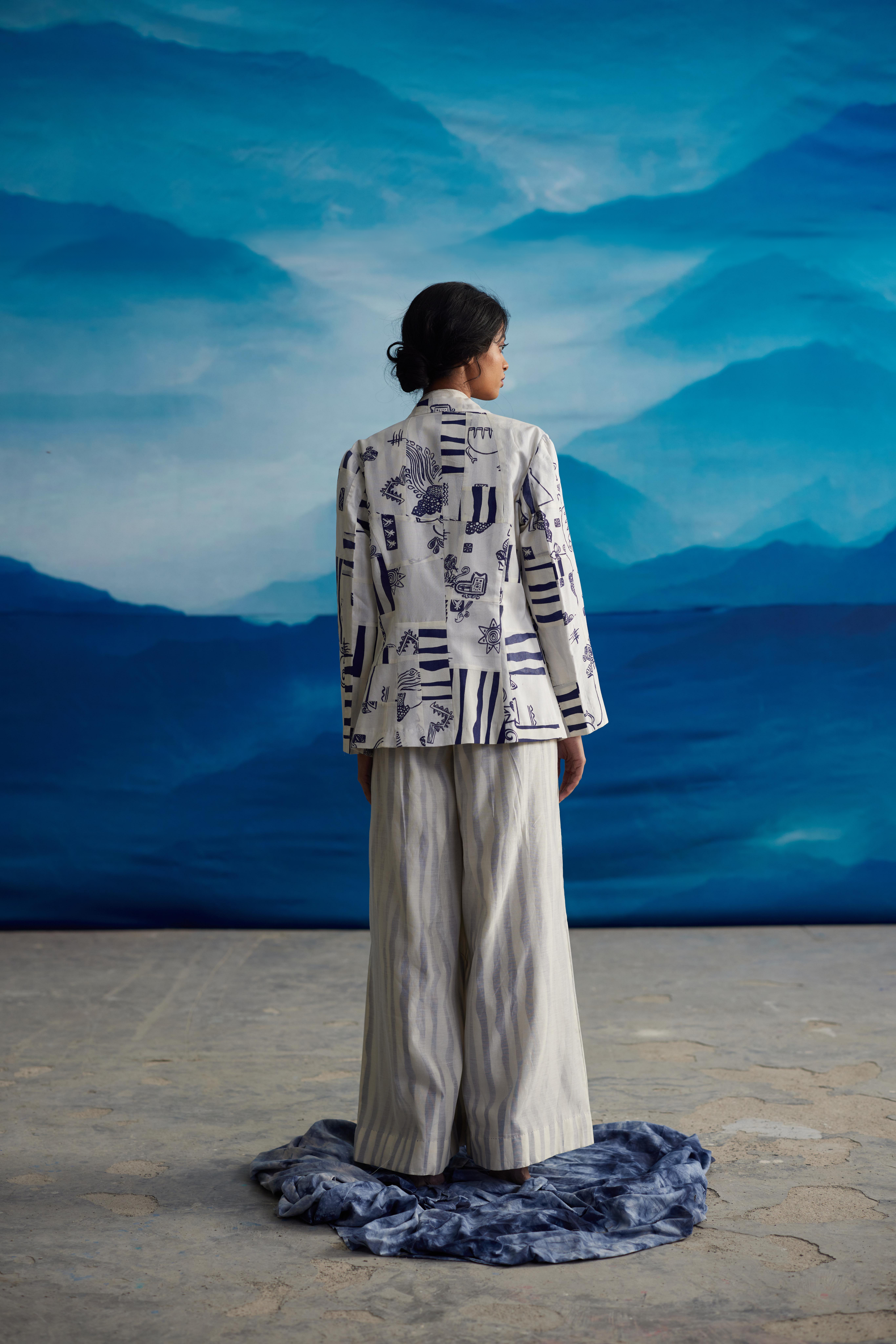 White Chanderi Patchwork Jacket by Ahmev with at Kamakhyaa for sustainable fashion