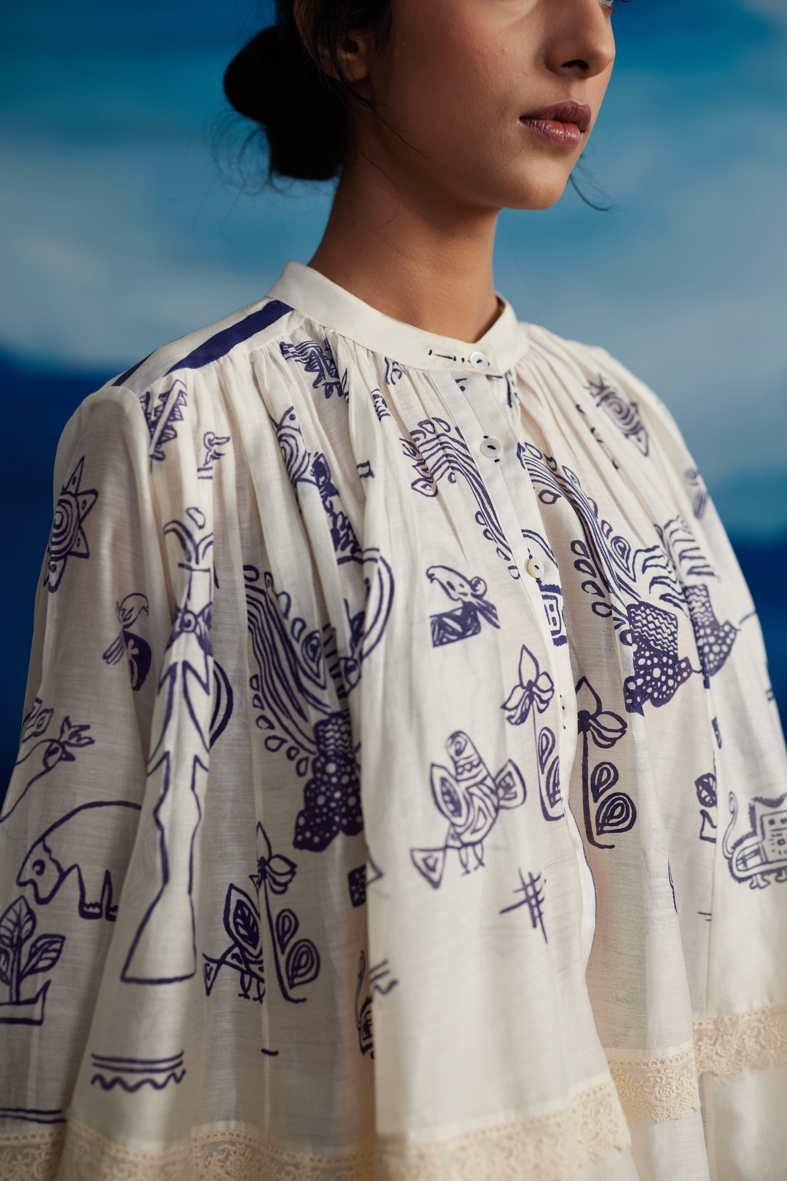 White Chanderi Shirt With Shoulder Down Gathers by Ahmev with Shirts at Kamakhyaa for sustainable fashion