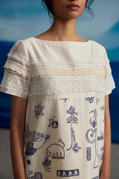 White Chanderi Laced Dress by Ahmev with at Kamakhyaa for sustainable fashion