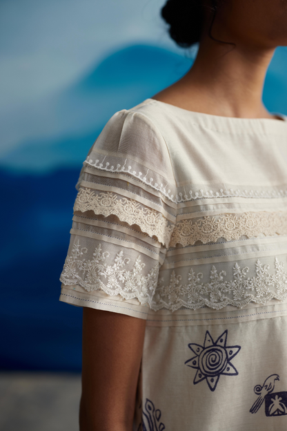 White Chanderi Laced Dress by Ahmev with at Kamakhyaa for sustainable fashion