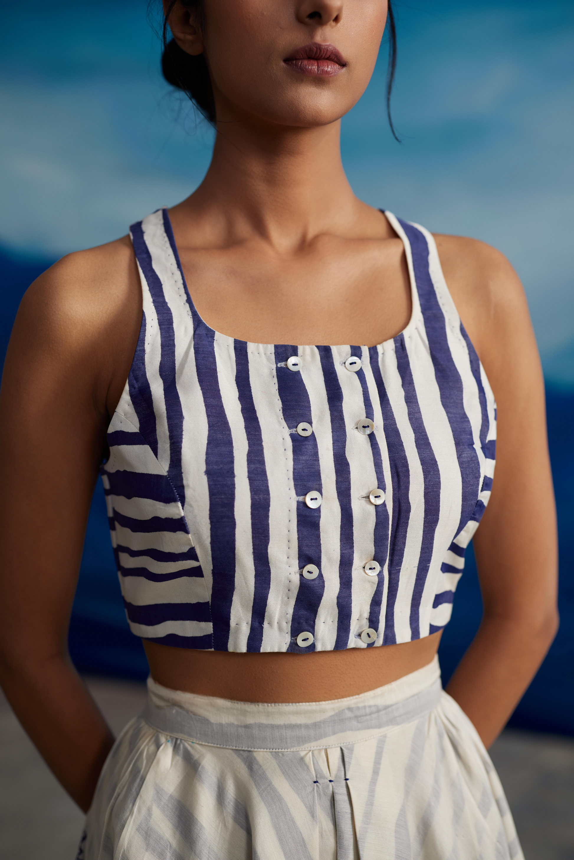 White Chanderi Striped Crop Top by Ahmev with at Kamakhyaa for sustainable fashion