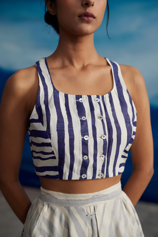 White Chanderi Striped Crop Top by Ahmev with at Kamakhyaa for sustainable fashion