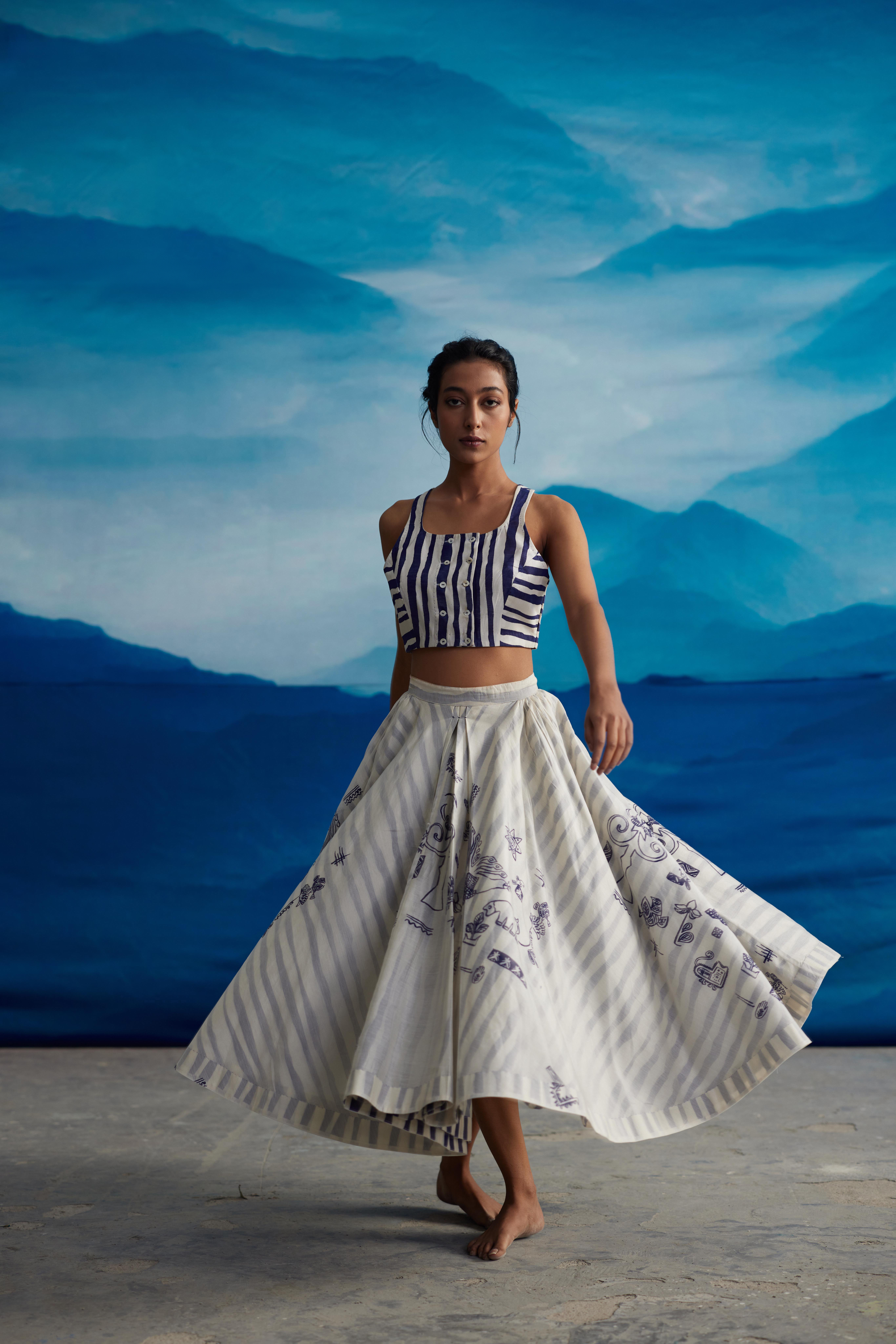 White Chanderi Striped Skirt by Ahmev with at Kamakhyaa for sustainable fashion