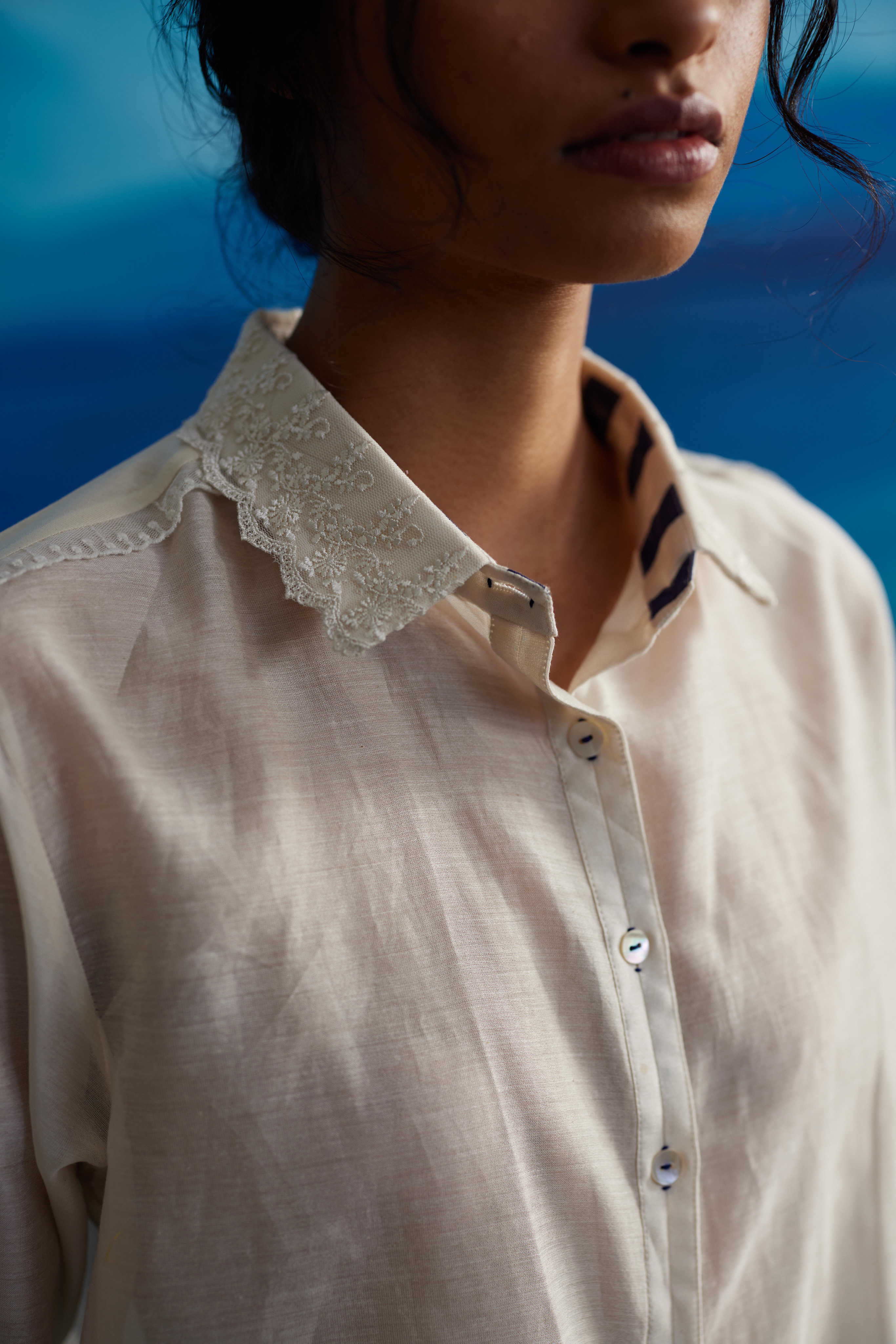 White Chanderi Solid Shirt With Lace by Ahmev with Shirts at Kamakhyaa for sustainable fashion