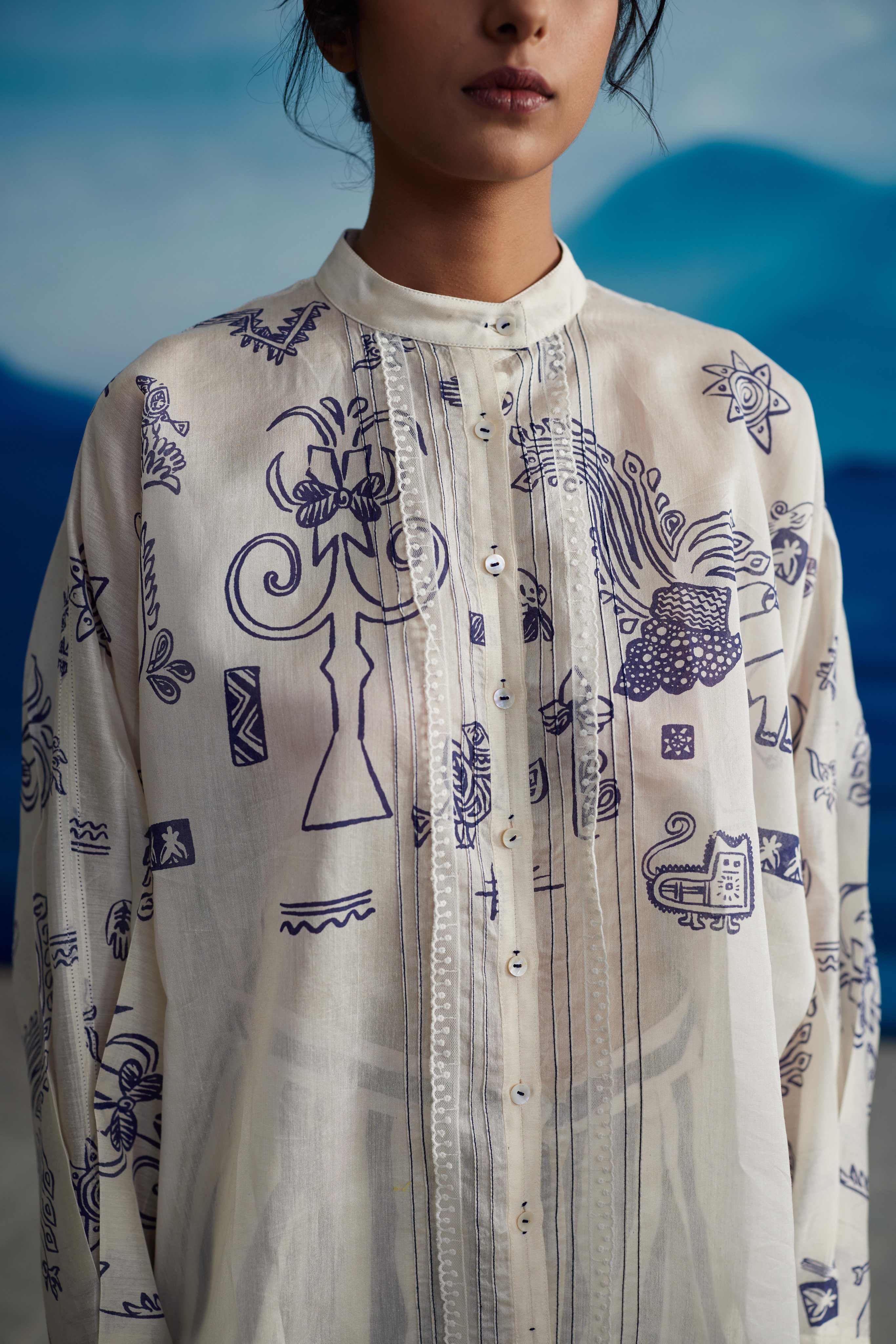 White Chanderi Printed Shirt With Lace by Ahmev with Shirts at Kamakhyaa for sustainable fashion
