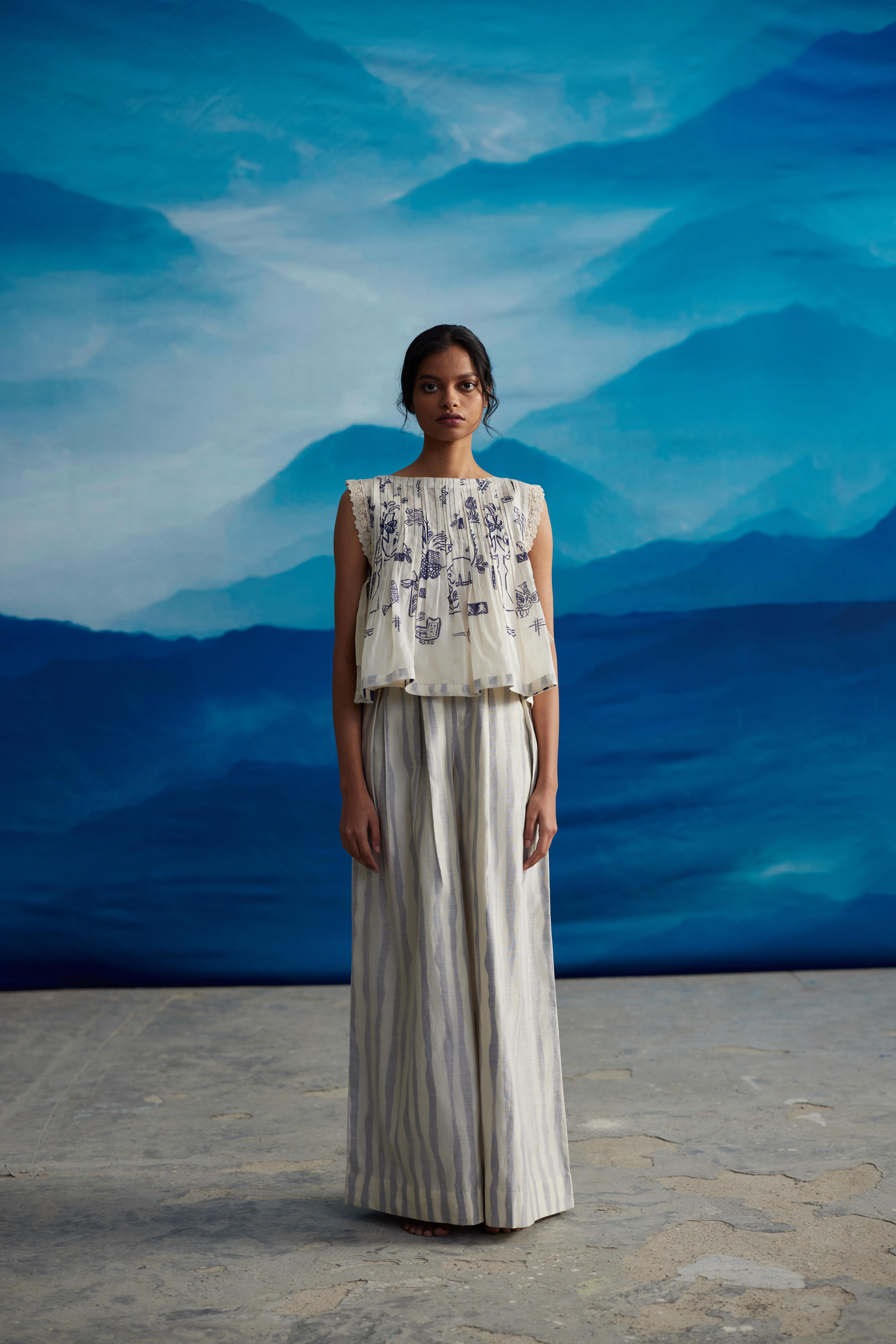 White Chanderi Printed Blouse by Ahmev with Best Selling, Casual Wear, Chanderi, Crop Tops, Ink And Ivory, Ink And Ivory by Ahmev, Natural, Prints, Relaxed Fit, White, Womenswear at Kamakhyaa for sustainable fashion