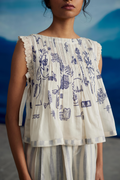 White Chanderi Printed Blouse by Ahmev with Best Selling, Casual Wear, Chanderi, Crop Tops, Ink And Ivory, Ink And Ivory by Ahmev, Natural, Prints, Relaxed Fit, White, Womenswear at Kamakhyaa for sustainable fashion