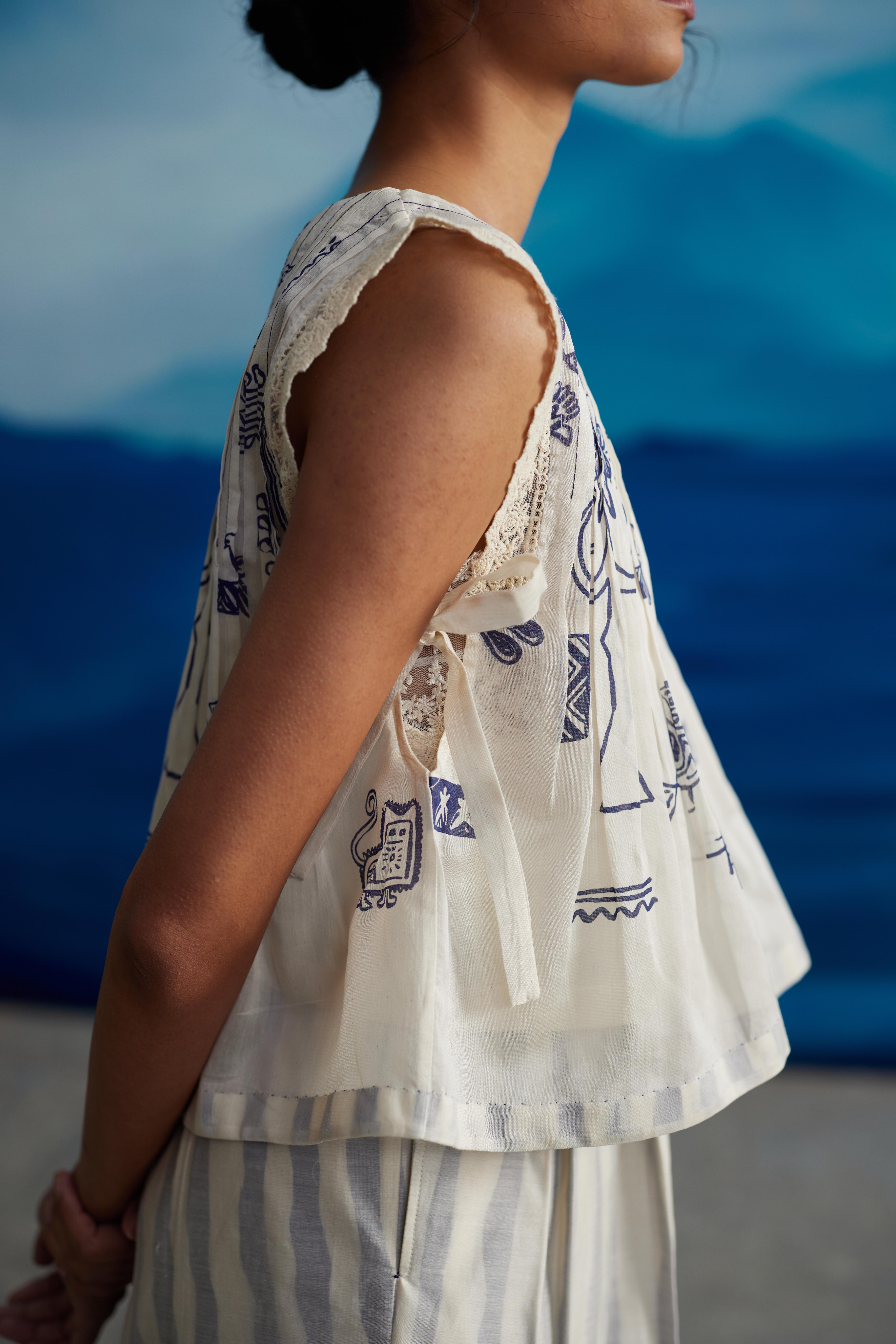 White Chanderi Printed Blouse by Ahmev with Best Selling, Casual Wear, Chanderi, Crop Tops, Ink And Ivory, Ink And Ivory by Ahmev, Natural, Prints, Relaxed Fit, White, Womenswear at Kamakhyaa for sustainable fashion