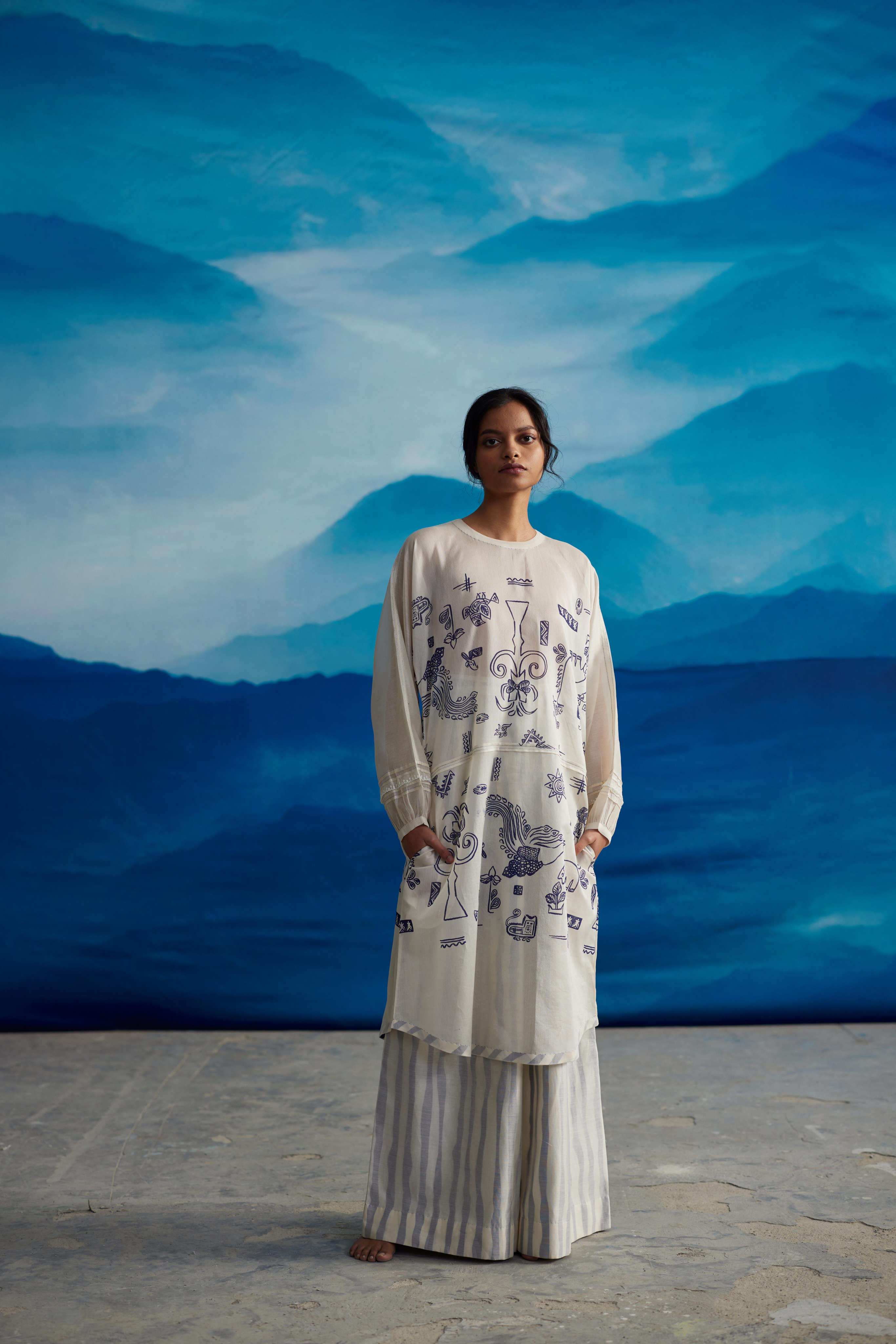 White Chanderi Printed Kurta by Ahmev with Kurtas at Kamakhyaa for sustainable fashion