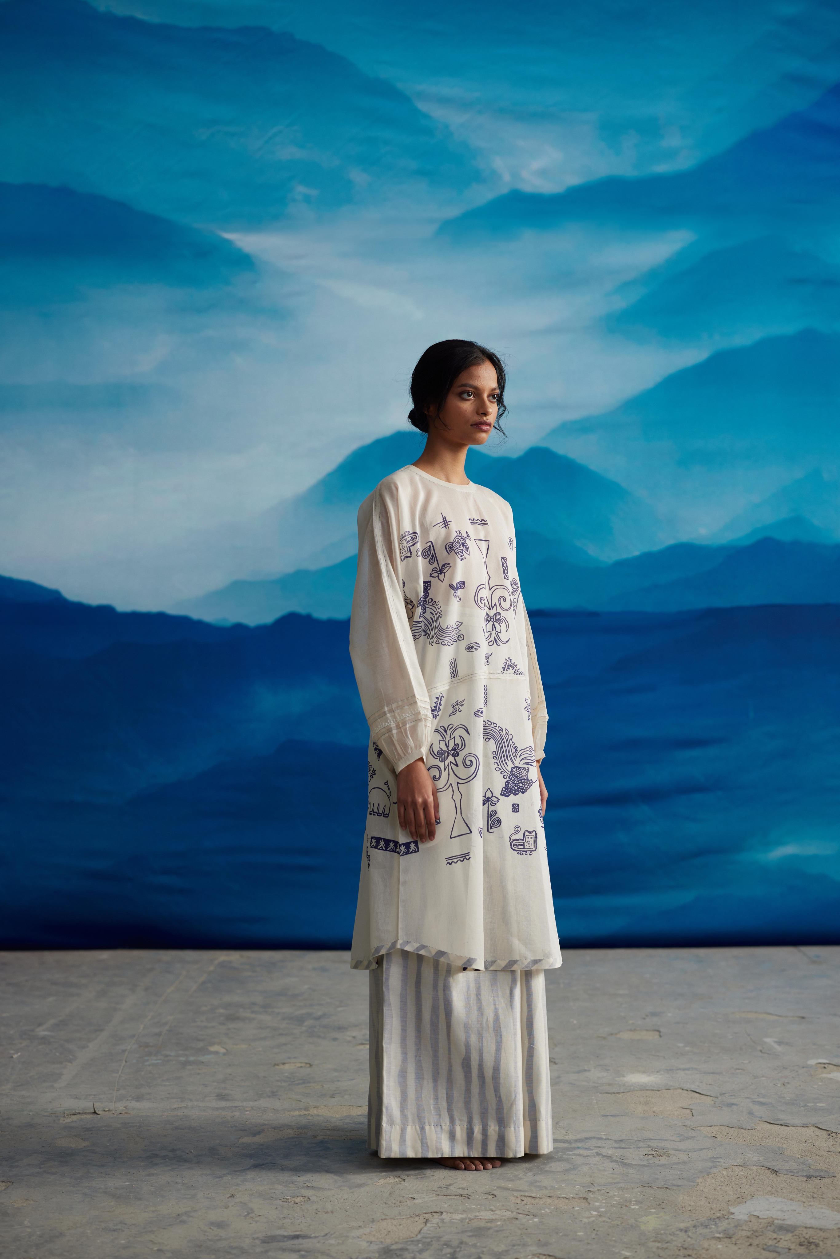 White Chanderi Printed Kurta by Ahmev with Kurtas at Kamakhyaa for sustainable fashion