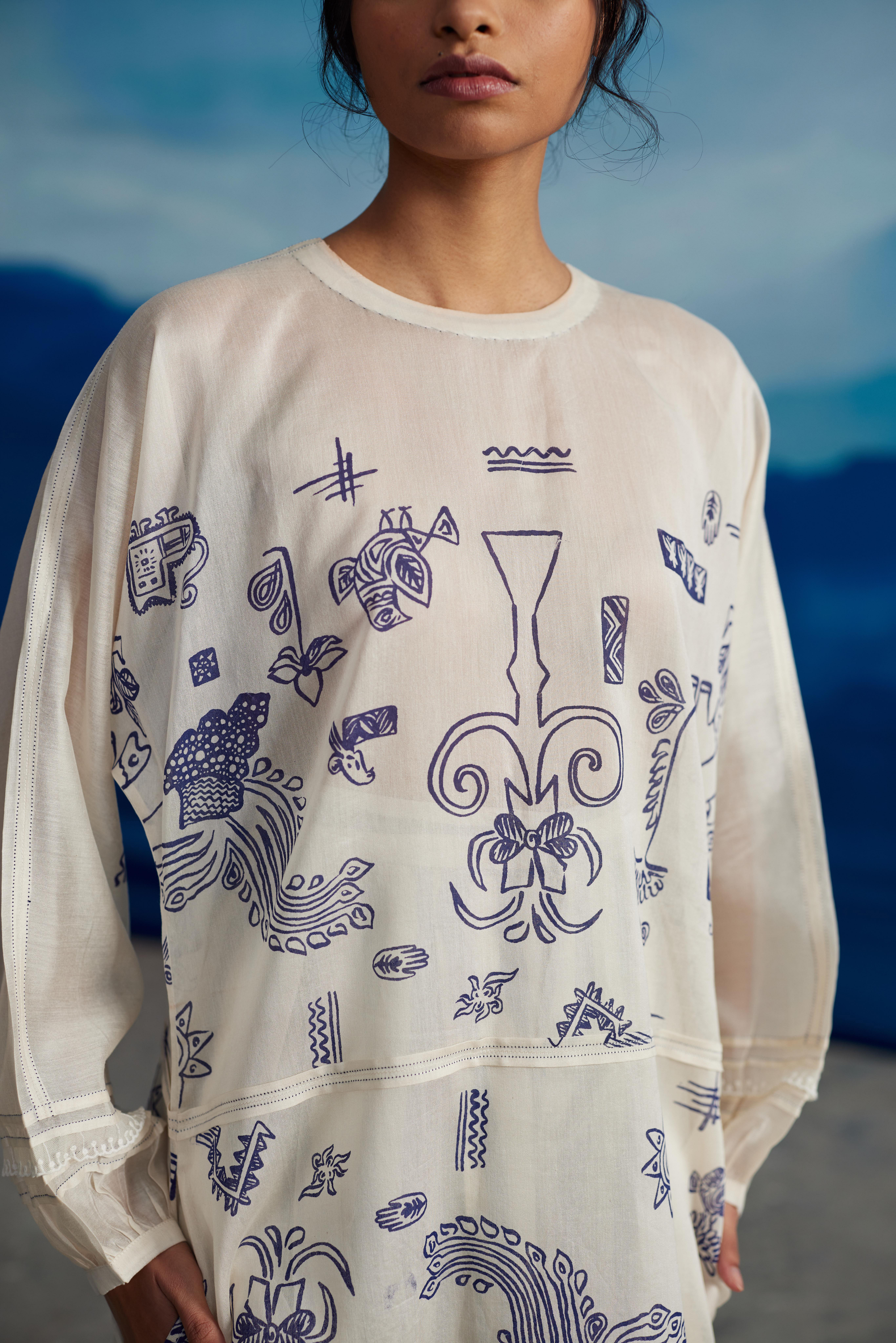 White Chanderi Printed Kurta by Ahmev with Kurtas at Kamakhyaa for sustainable fashion