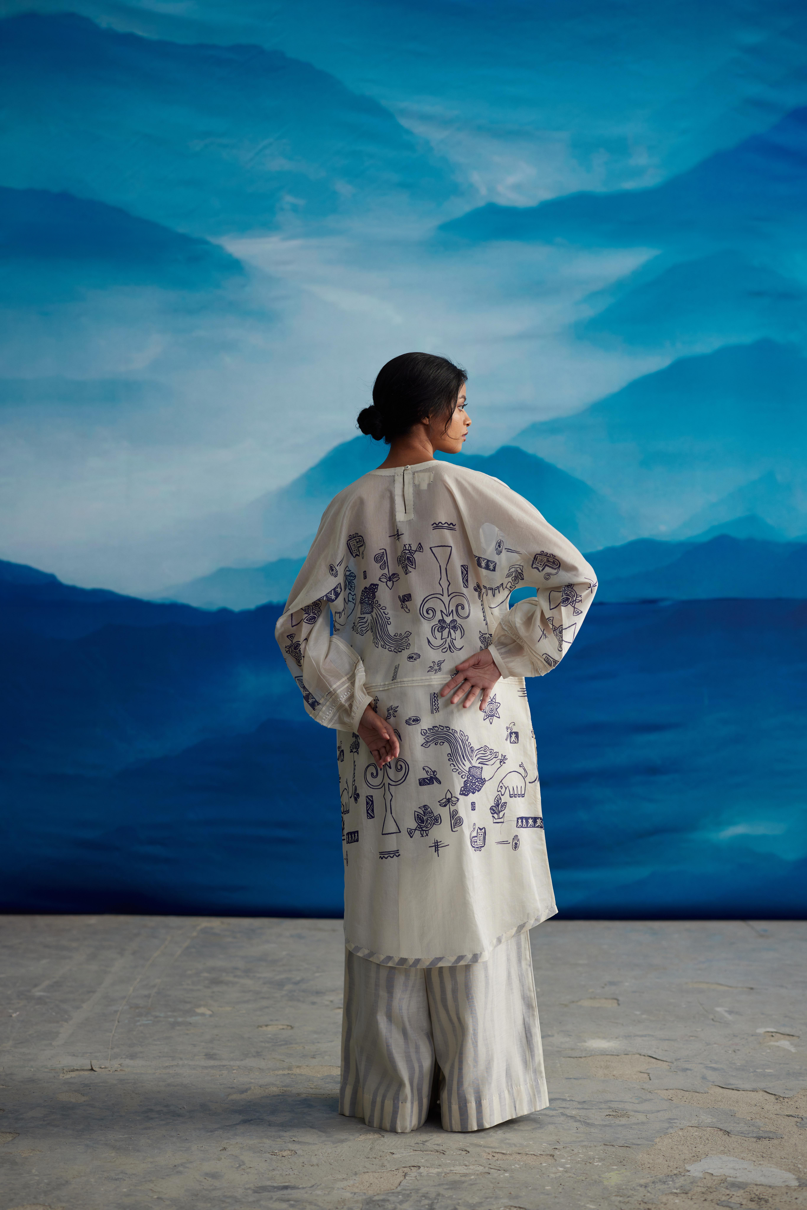 White Chanderi Printed Kurta by Ahmev with Kurtas at Kamakhyaa for sustainable fashion