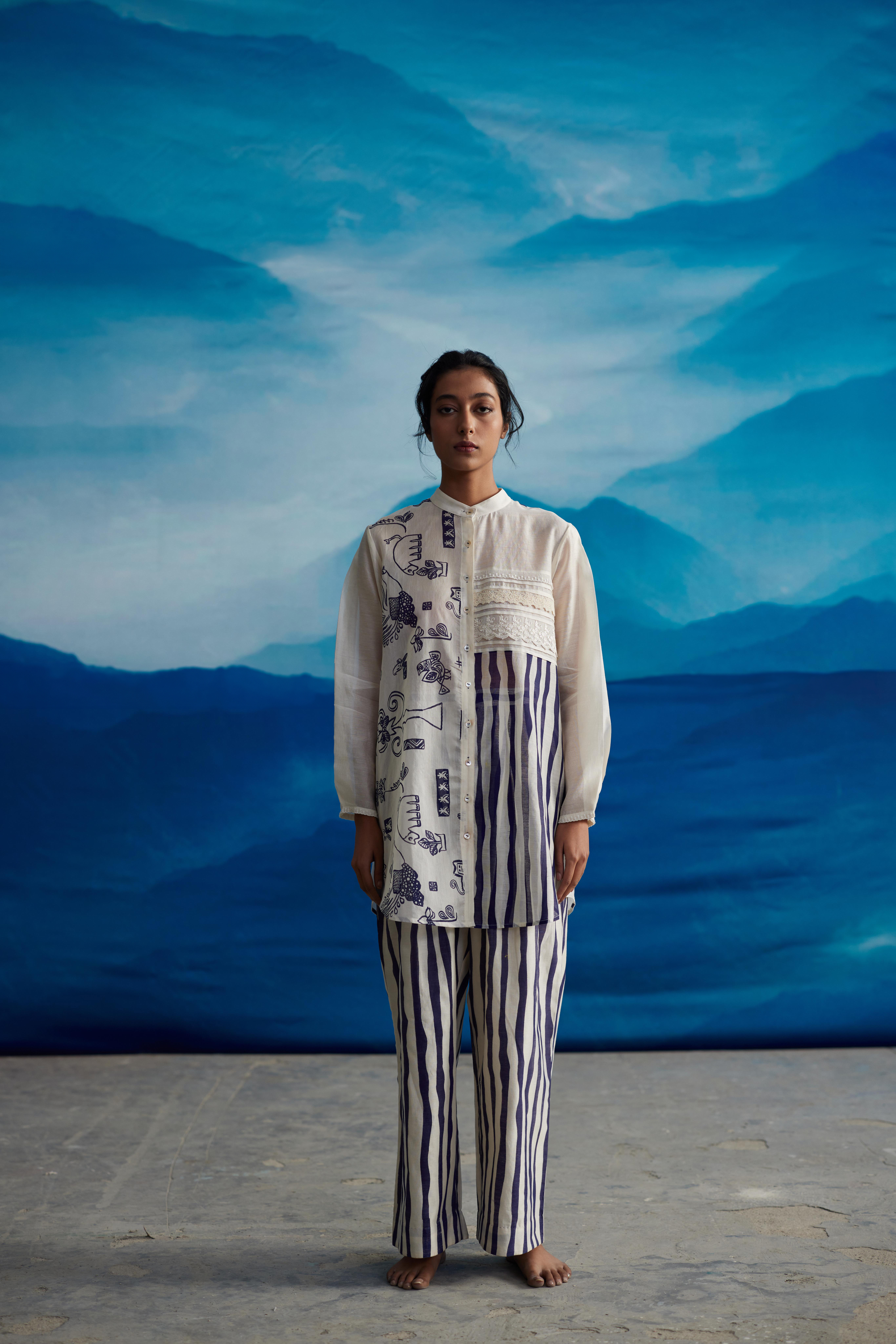 White Chanderi Printed Collared Shirt by Ahmev with Best Selling, Casual Wear, Chanderi, Crop Tops, Ink And Ivory, Ink And Ivory by Ahmev, Natural, Prints, Relaxed Fit, White, Womenswear at Kamakhyaa for sustainable fashion