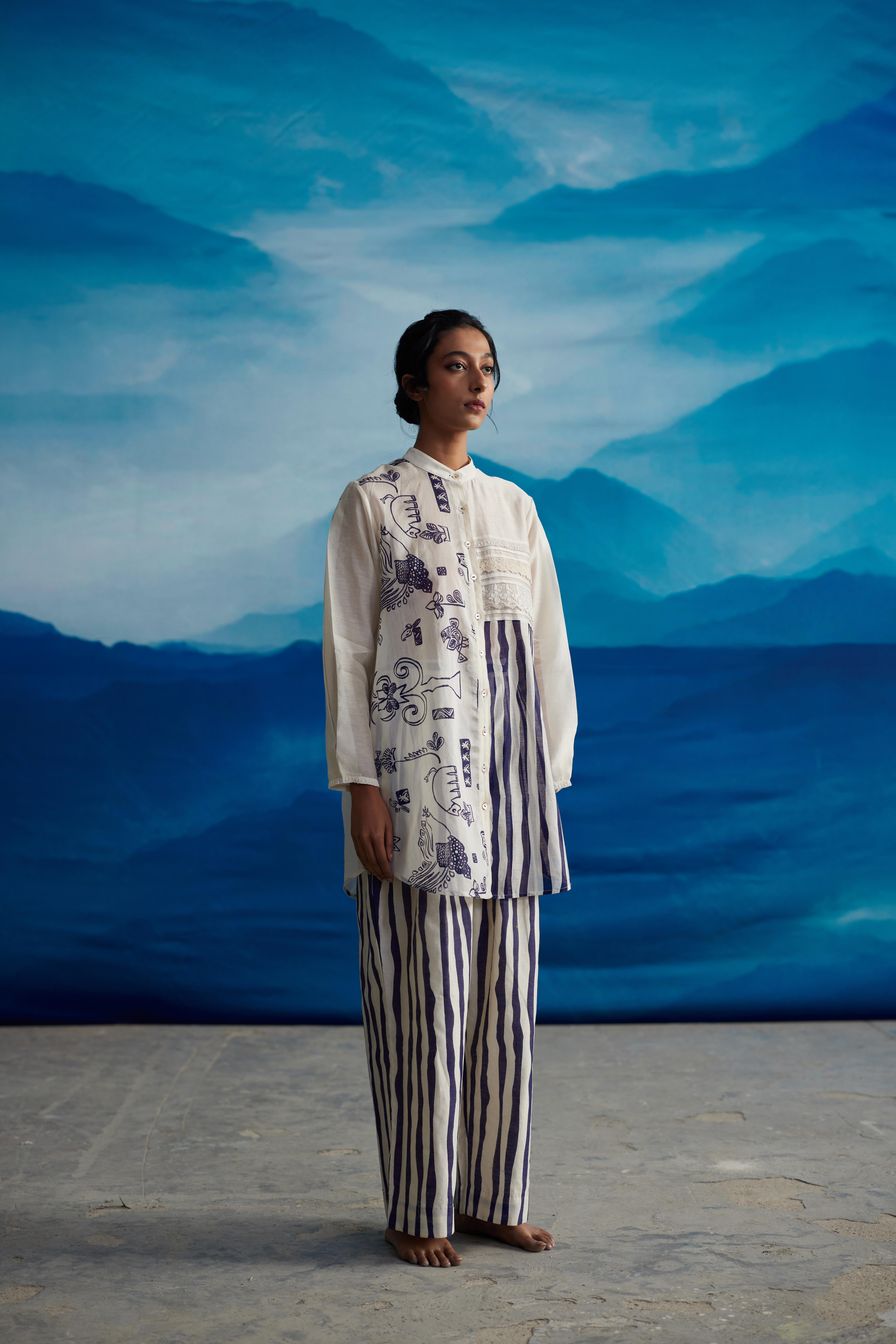 White Chanderi Printed Collared Shirt by Ahmev with Best Selling, Casual Wear, Chanderi, Crop Tops, Ink And Ivory, Ink And Ivory by Ahmev, Natural, Prints, Relaxed Fit, White, Womenswear at Kamakhyaa for sustainable fashion