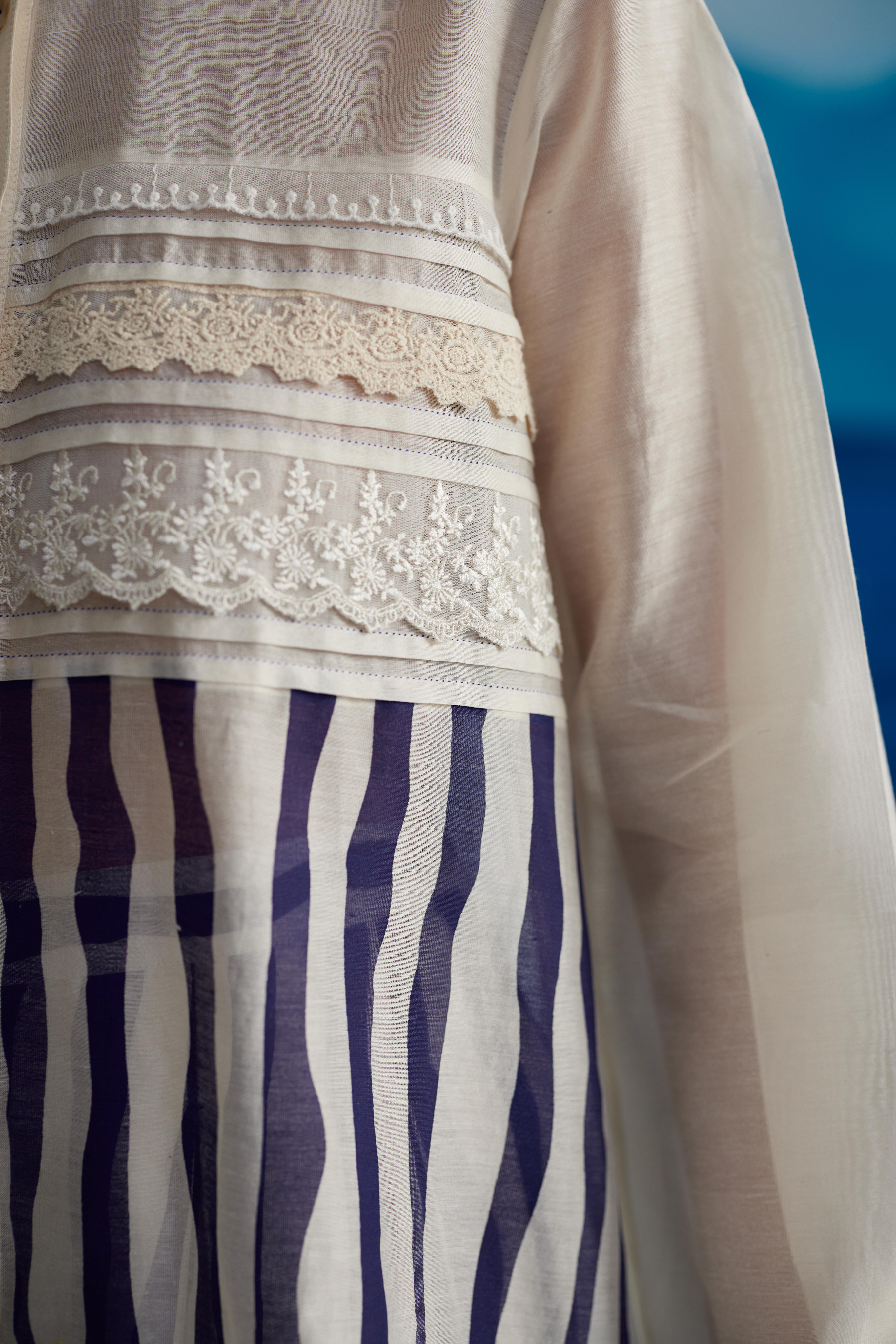 White Chanderi Printed Collared Shirt by Ahmev with Best Selling, Casual Wear, Chanderi, Crop Tops, Ink And Ivory, Ink And Ivory by Ahmev, Natural, Prints, Relaxed Fit, White, Womenswear at Kamakhyaa for sustainable fashion