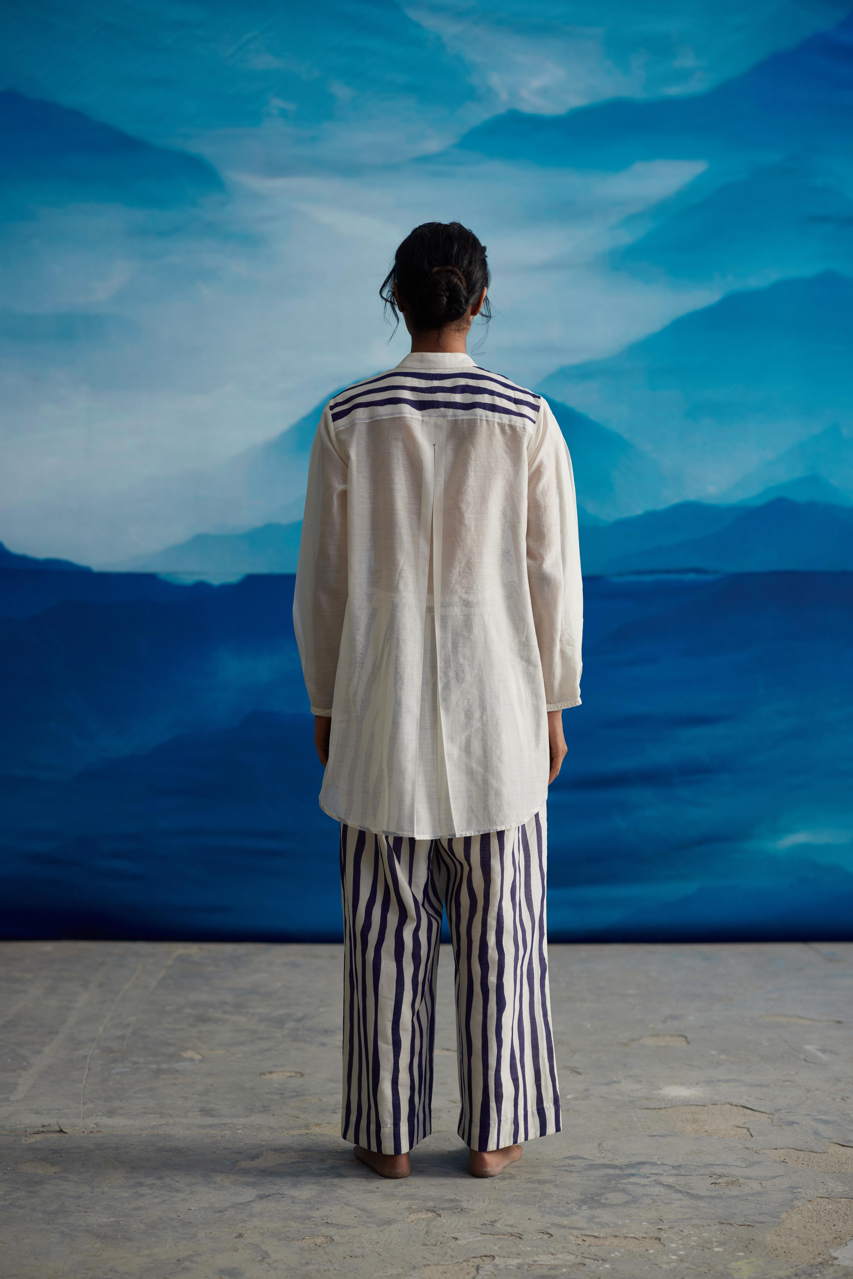 White Chanderi Printed Collared Shirt by Ahmev with Best Selling, Casual Wear, Chanderi, Crop Tops, Ink And Ivory, Ink And Ivory by Ahmev, Natural, Prints, Relaxed Fit, White, Womenswear at Kamakhyaa for sustainable fashion