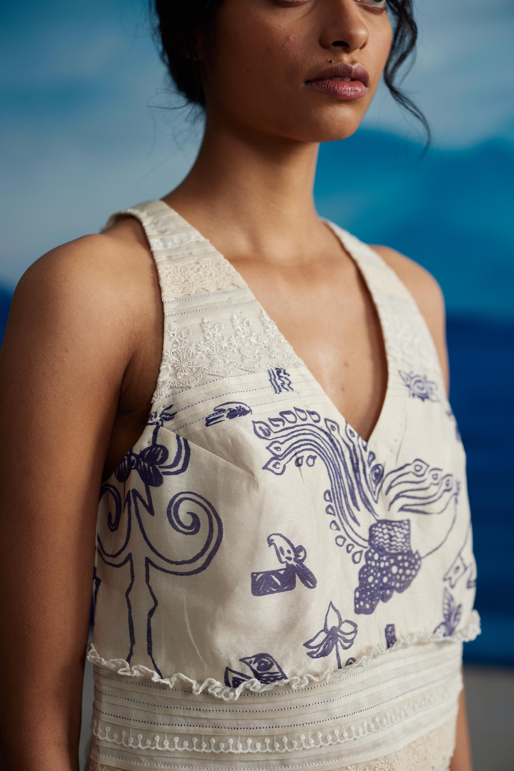 White Chanderi Printed Blouse With Lace by Ahmev with Best Selling, Casual Wear, Chanderi, Crop Tops, Ink And Ivory, Ink And Ivory by Ahmev, Natural, Prints, Relaxed Fit, White, Womenswear at Kamakhyaa for sustainable fashion