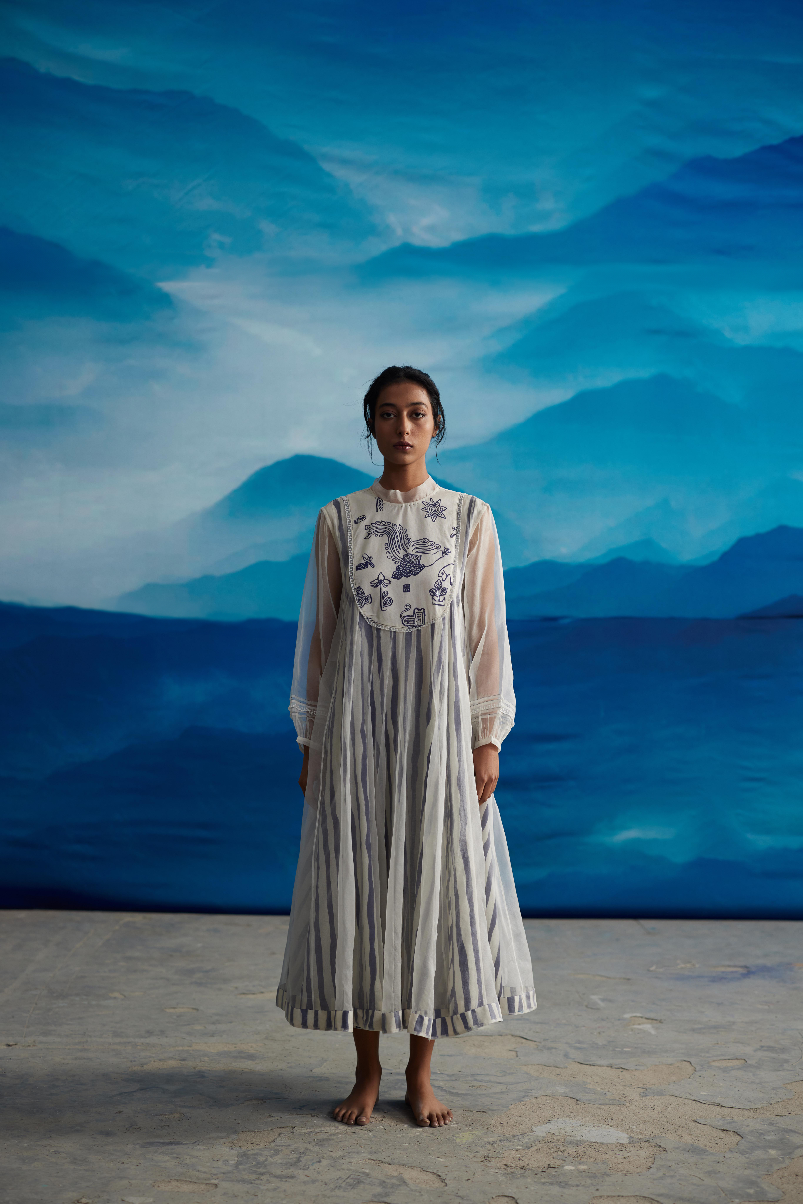 White Chanderi Dress With Puffed Sleeves by Ahmev with at Kamakhyaa for sustainable fashion