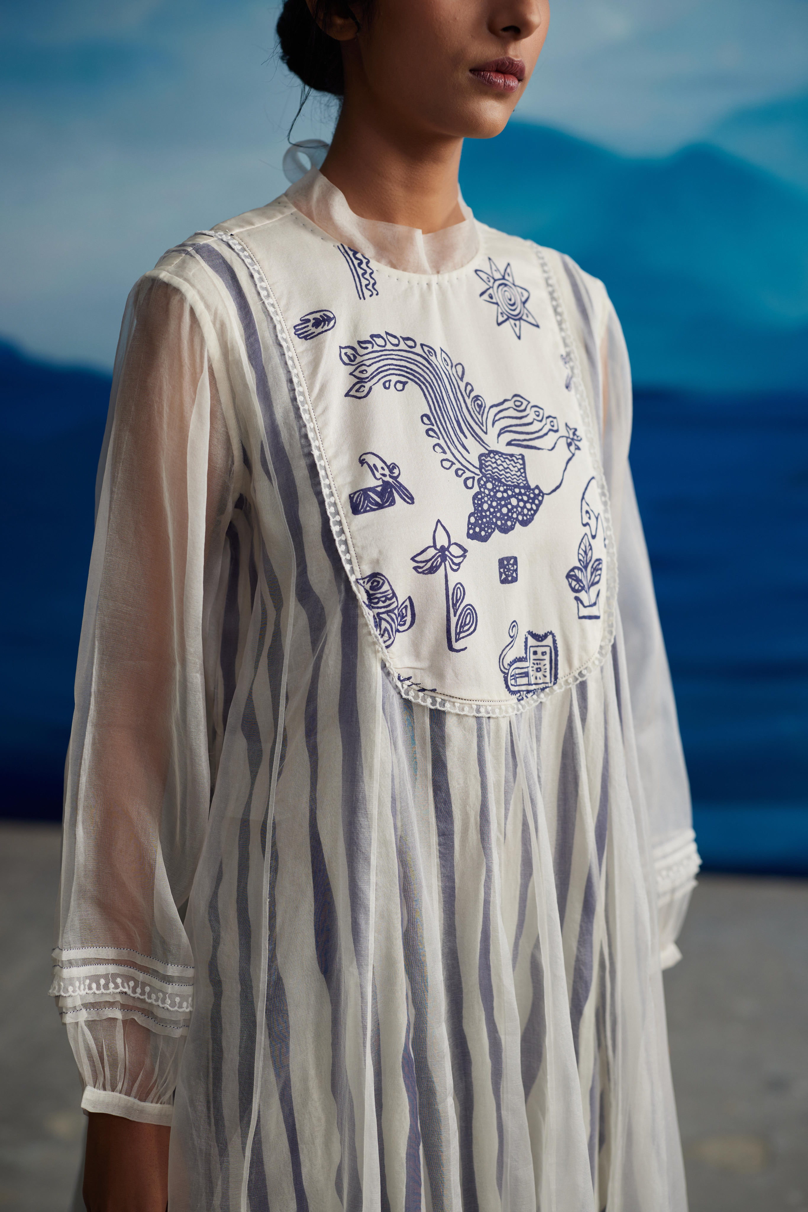 White Chanderi Dress With Puffed Sleeves by Ahmev with at Kamakhyaa for sustainable fashion