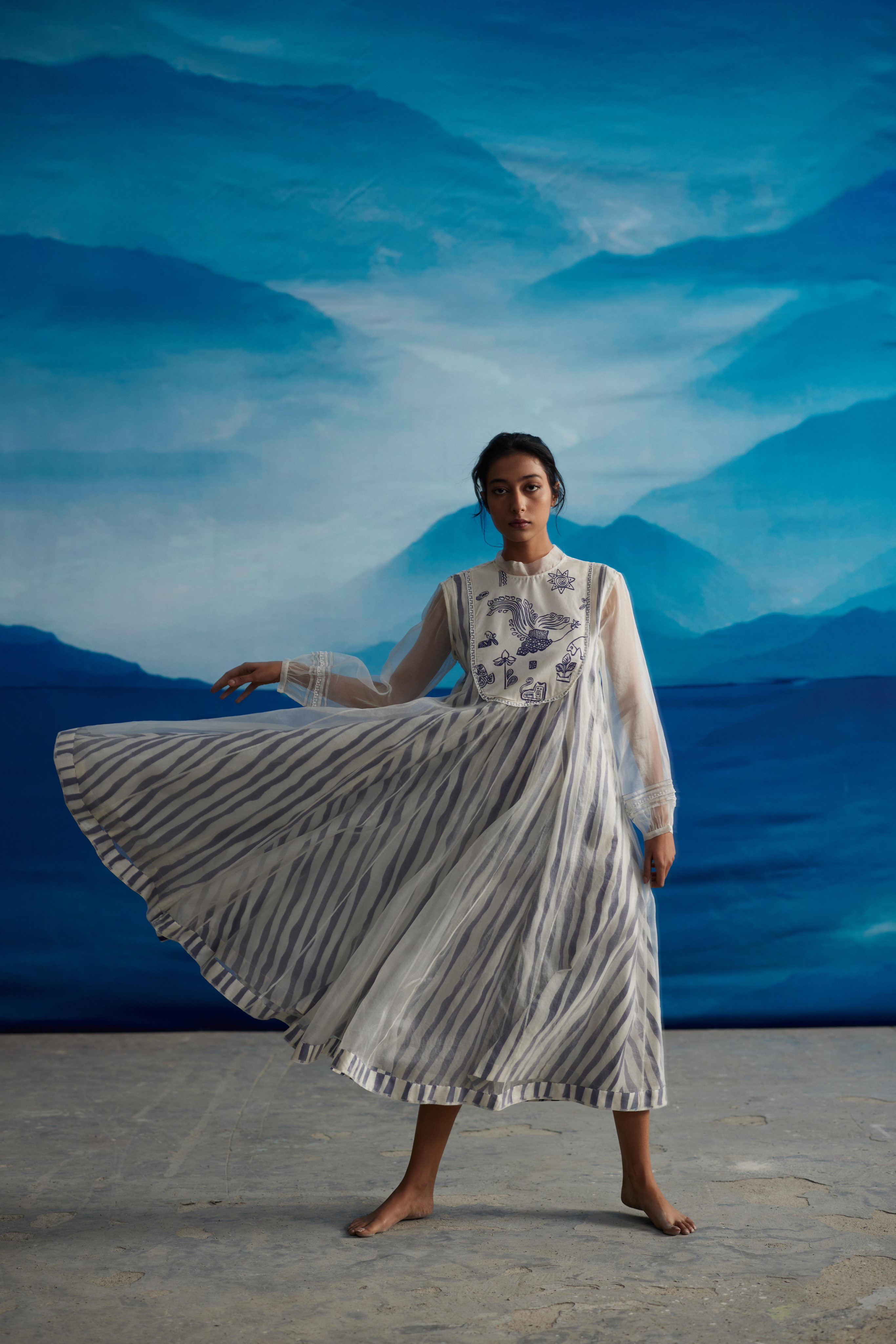 White Chanderi Dress With Puffed Sleeves by Ahmev with at Kamakhyaa for sustainable fashion
