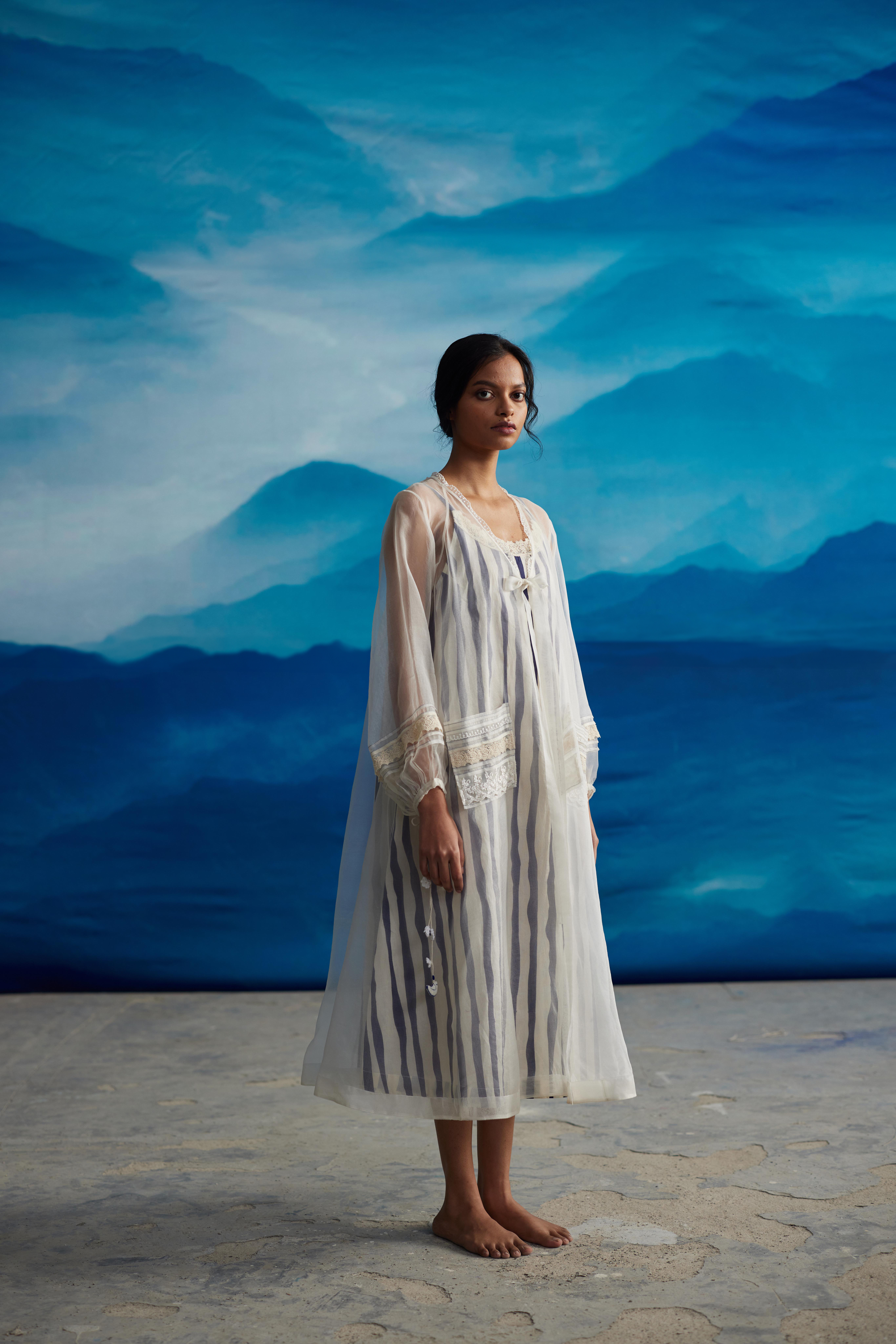 White Striped Tie-Up Dress by Ahmev with at Kamakhyaa for sustainable fashion