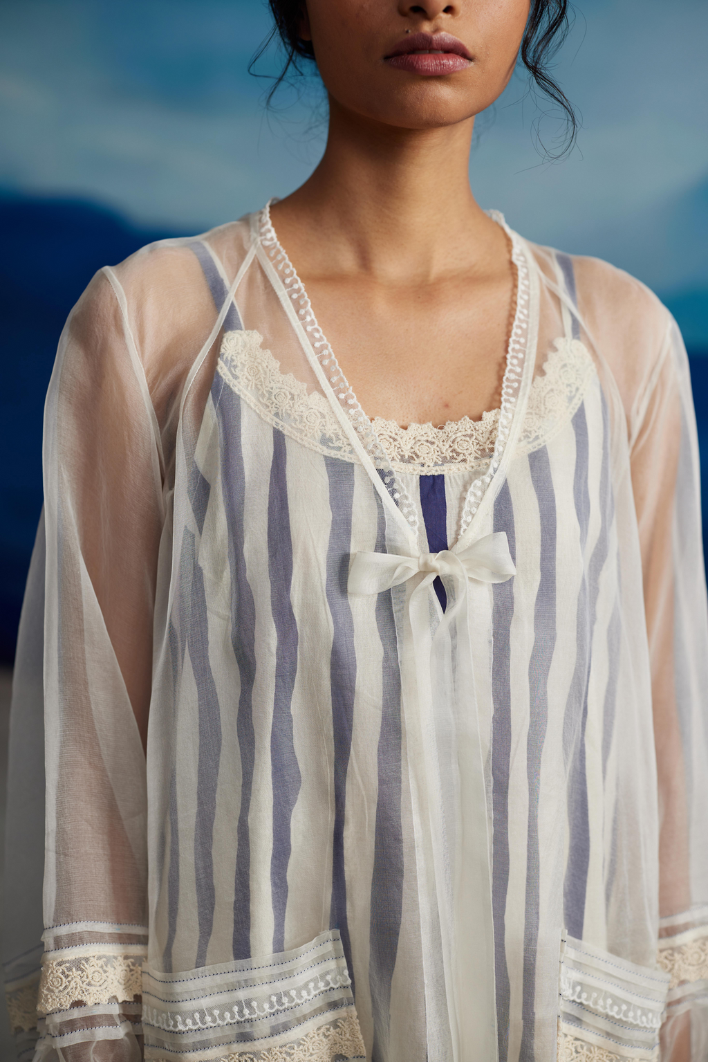 White Striped Tie-Up Dress by Ahmev with at Kamakhyaa for sustainable fashion
