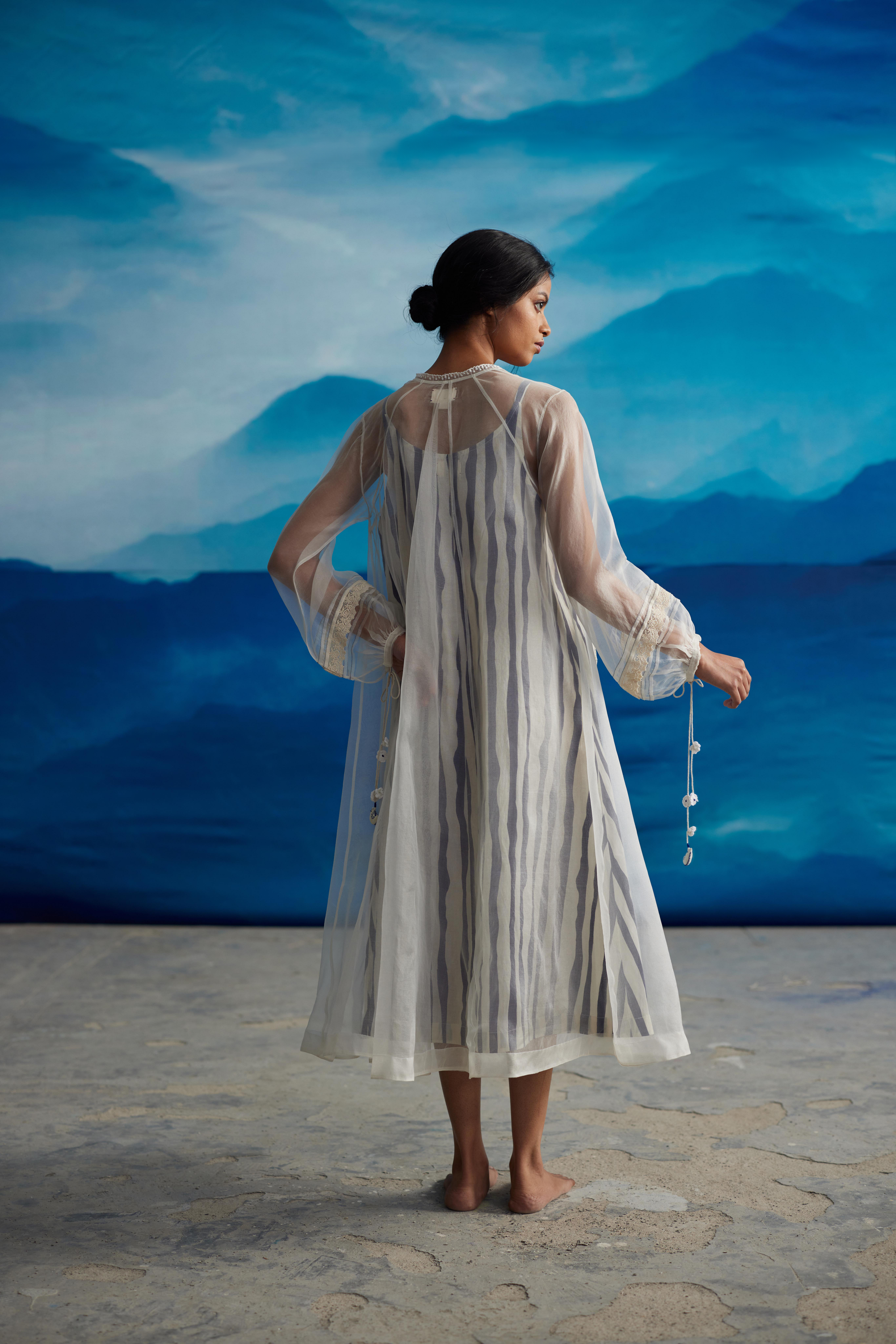 White Striped Tie-Up Dress by Ahmev with at Kamakhyaa for sustainable fashion